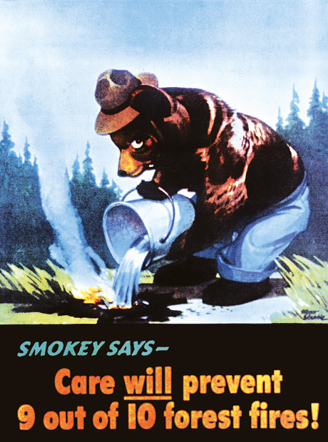 A fire-prevention poster commissioned and disseminated by the United States Forest Service which includes Smokey Bear.