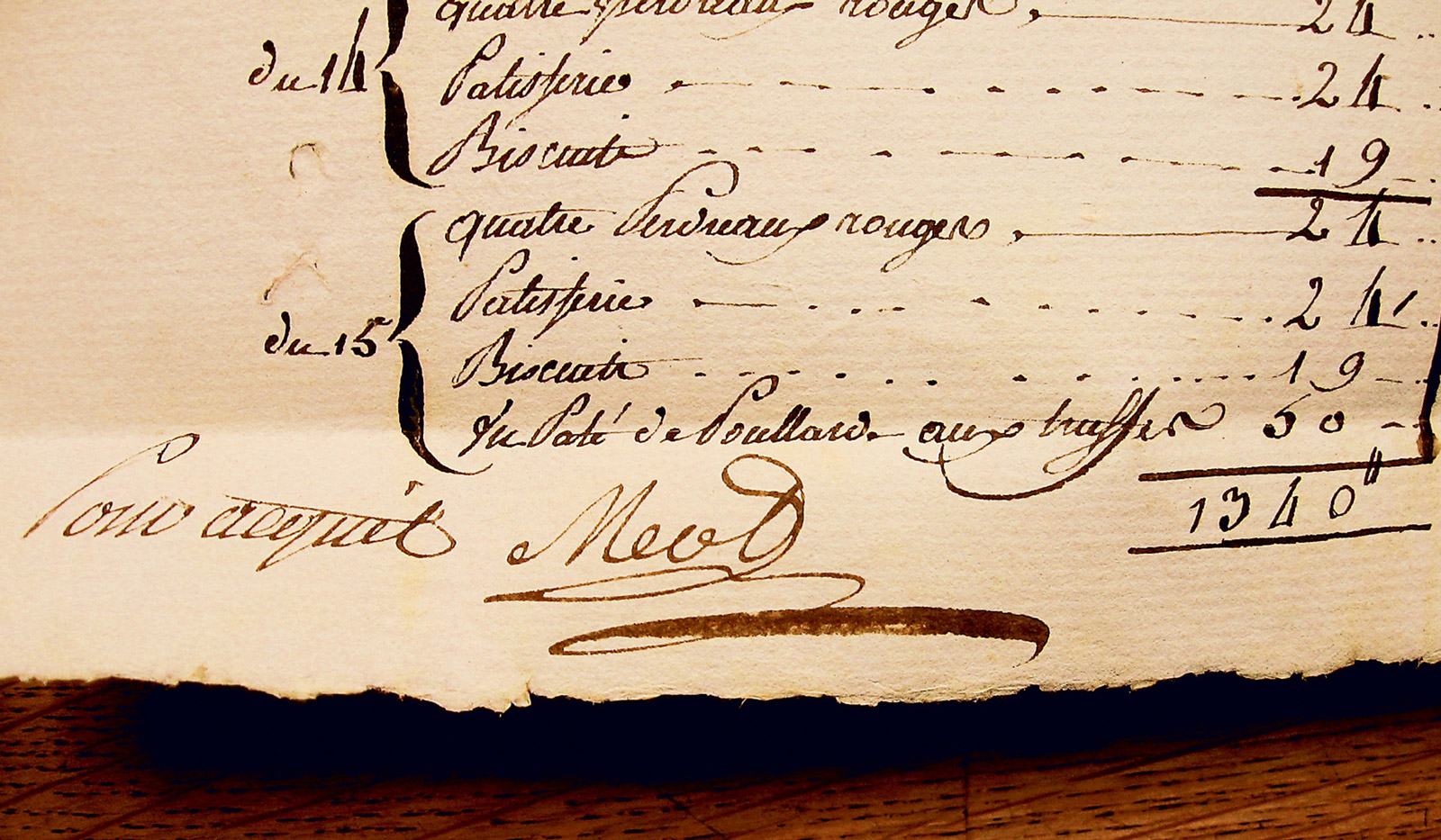 A photograph of a bill for food provided to the Committee of Public Safety. The bill is signed by the celebrated chef Méot. 