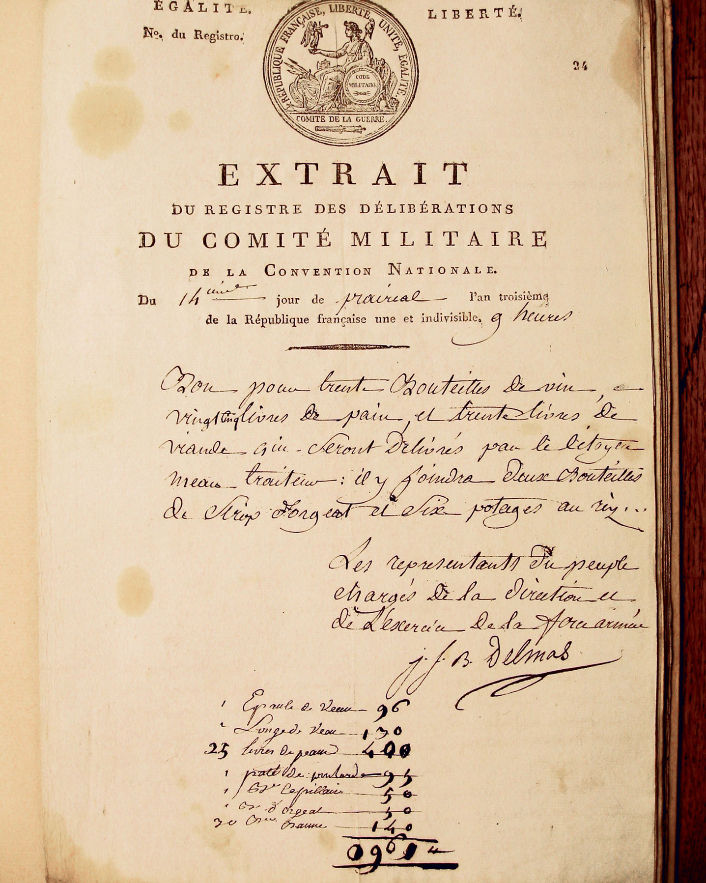 A photograph of an order for food signed by Jean-François-Bertrand Delmas. Beneath the order is the caterer’s tally of the cost of each item ordered.