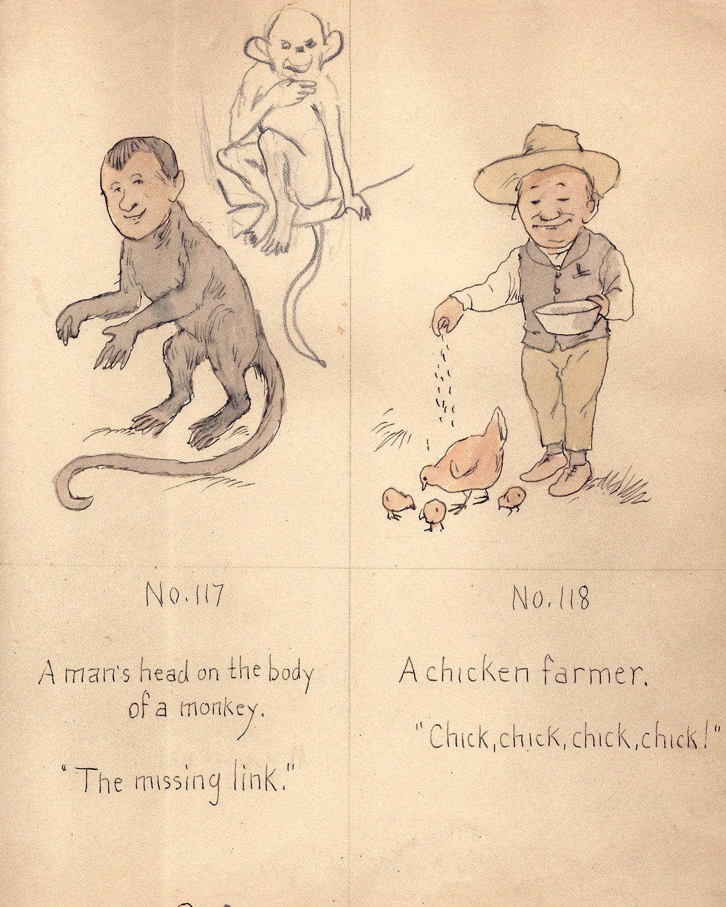 An image circa 1890 from Cassius M. Coolidge's sketchbook, featuring a man's head on a monkey's body and a chicken farmer.