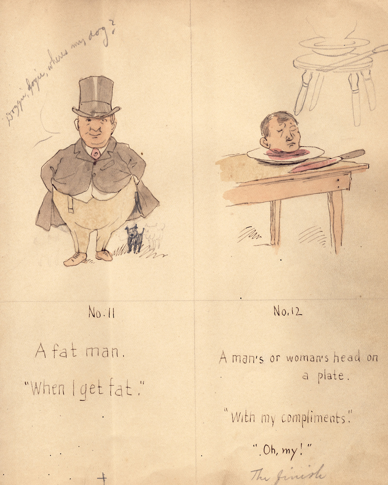 An image circa 1890 from Cassius M. Coolidge's sketchbook, featuring a fat man and a person's head on a plate. 