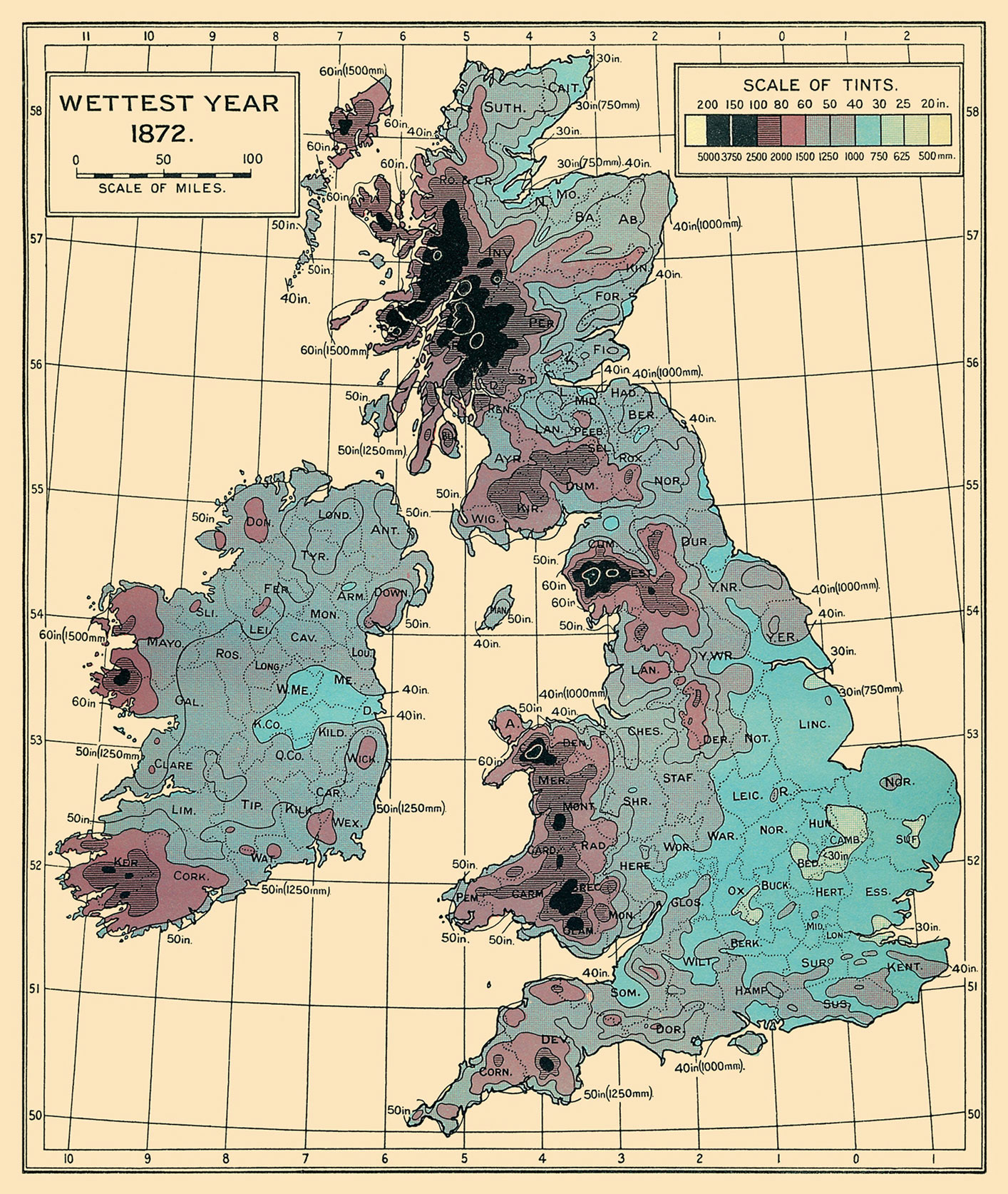 An illustration from the 1926 edition of the Rainfall Atlas of the British Isles. 