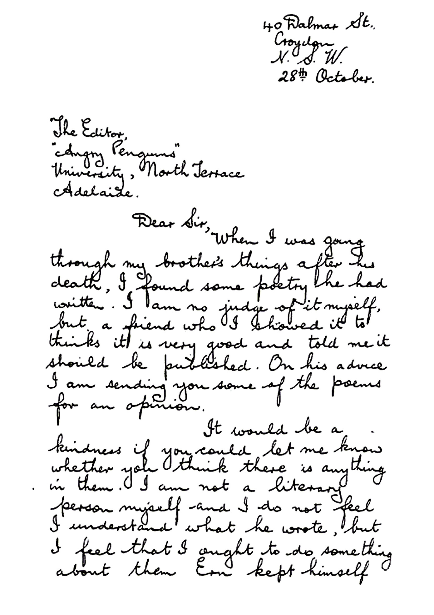 A scan of Ethel Malley’s 1943 letter to Max Harris. 