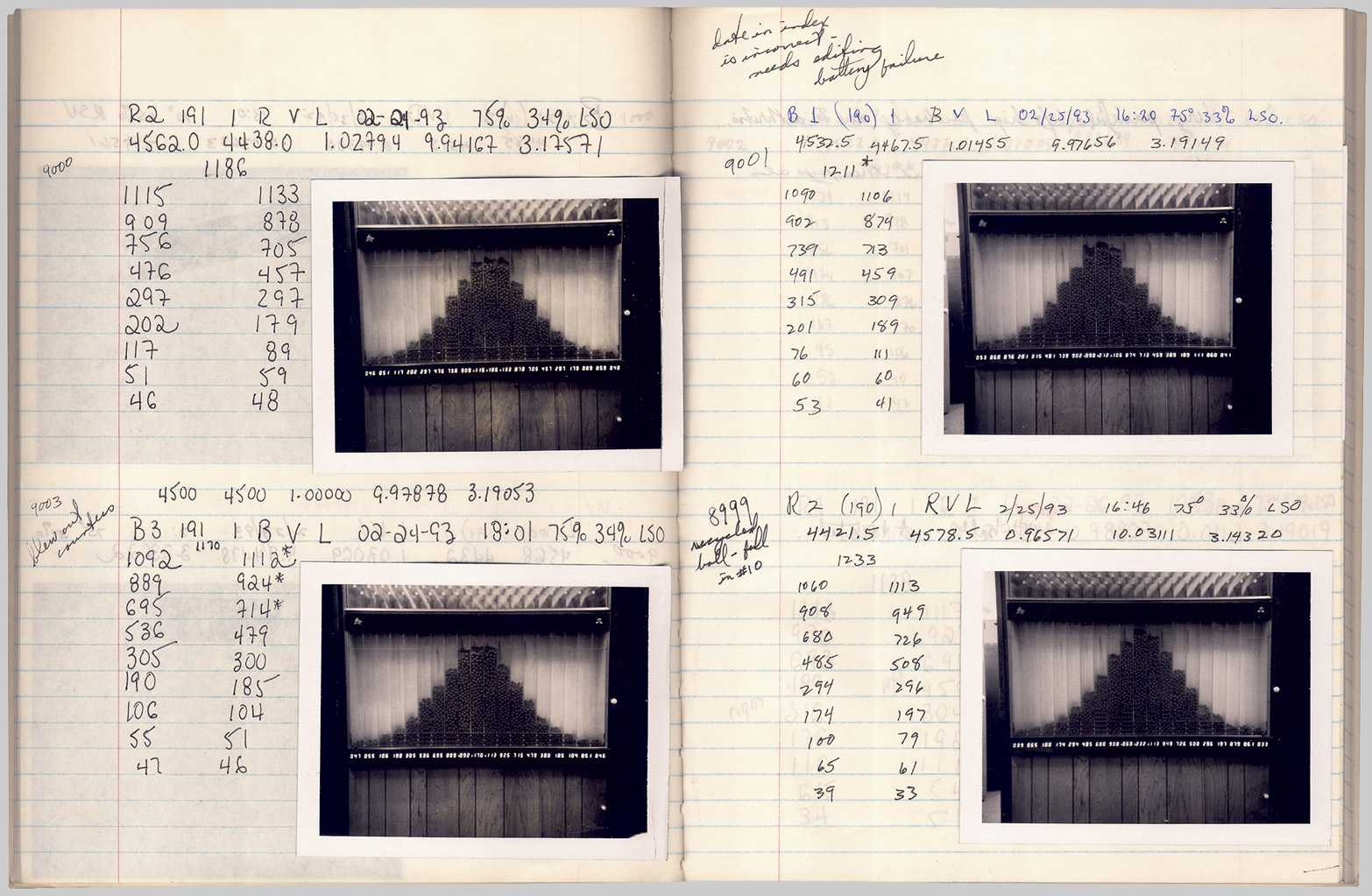 Scans from laboratory notebooks that document each experimental run of the Random Mechanical Cascade. 