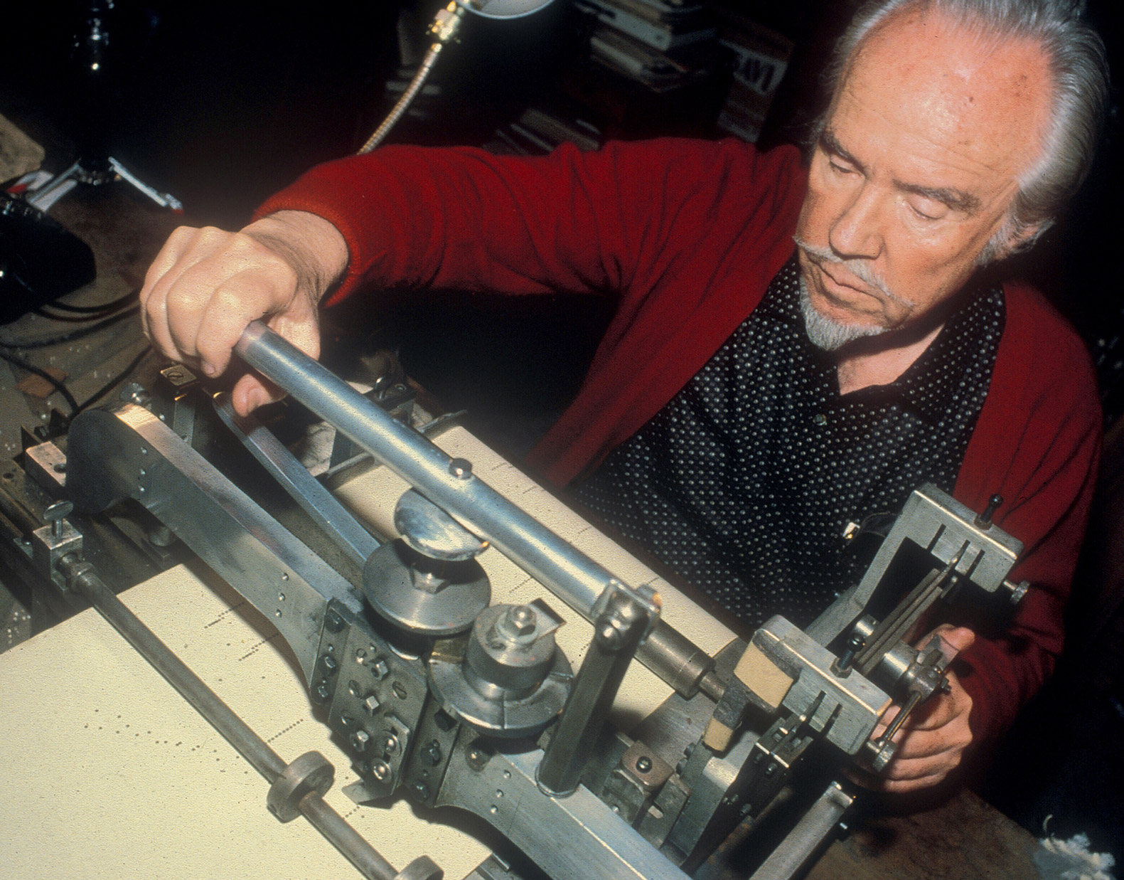 A 1981 photograph of Conlon Nancarrow at work in his Mexico City studio. 