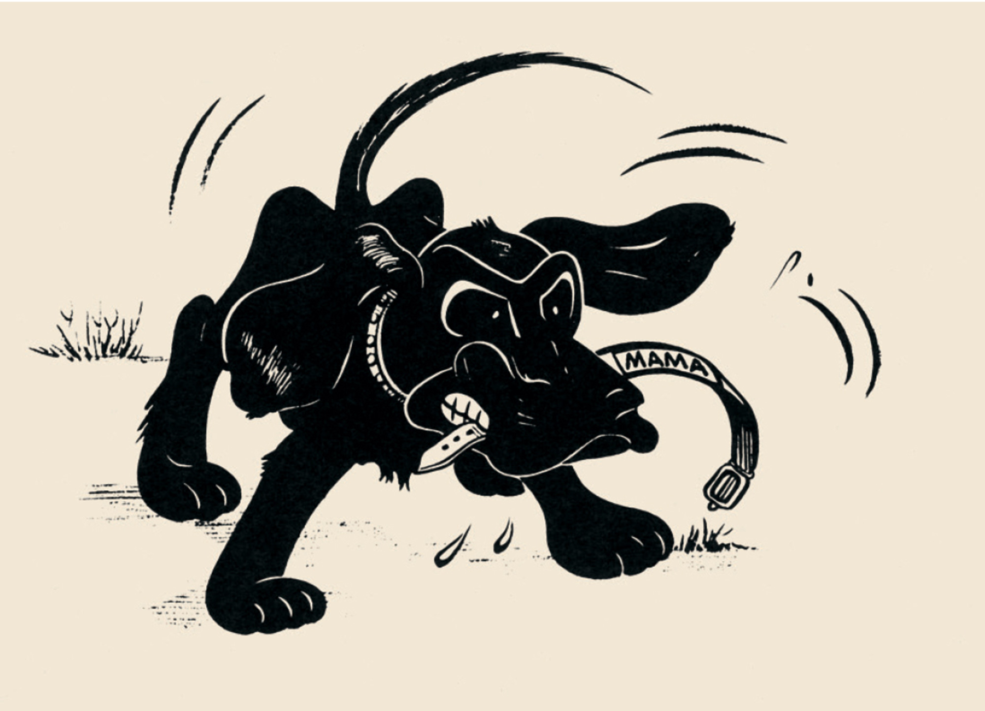 A cartoon drawing from the Blacky Picture Test which features Blacky the dog holding a collar in its mouth. 