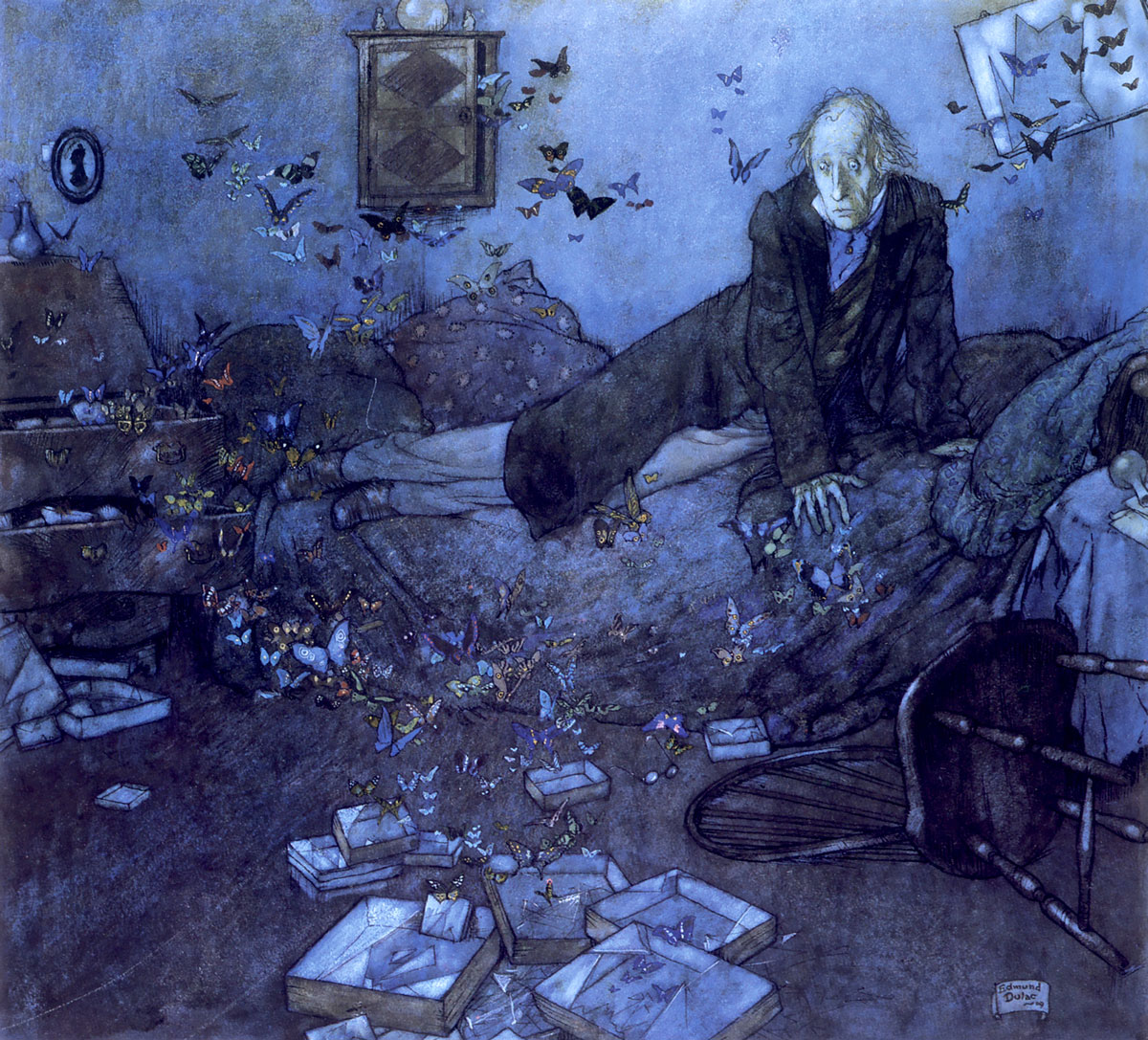A 1909 watercolor painting by Edmund Dulac titled “The Entomologist’s Dream.” 