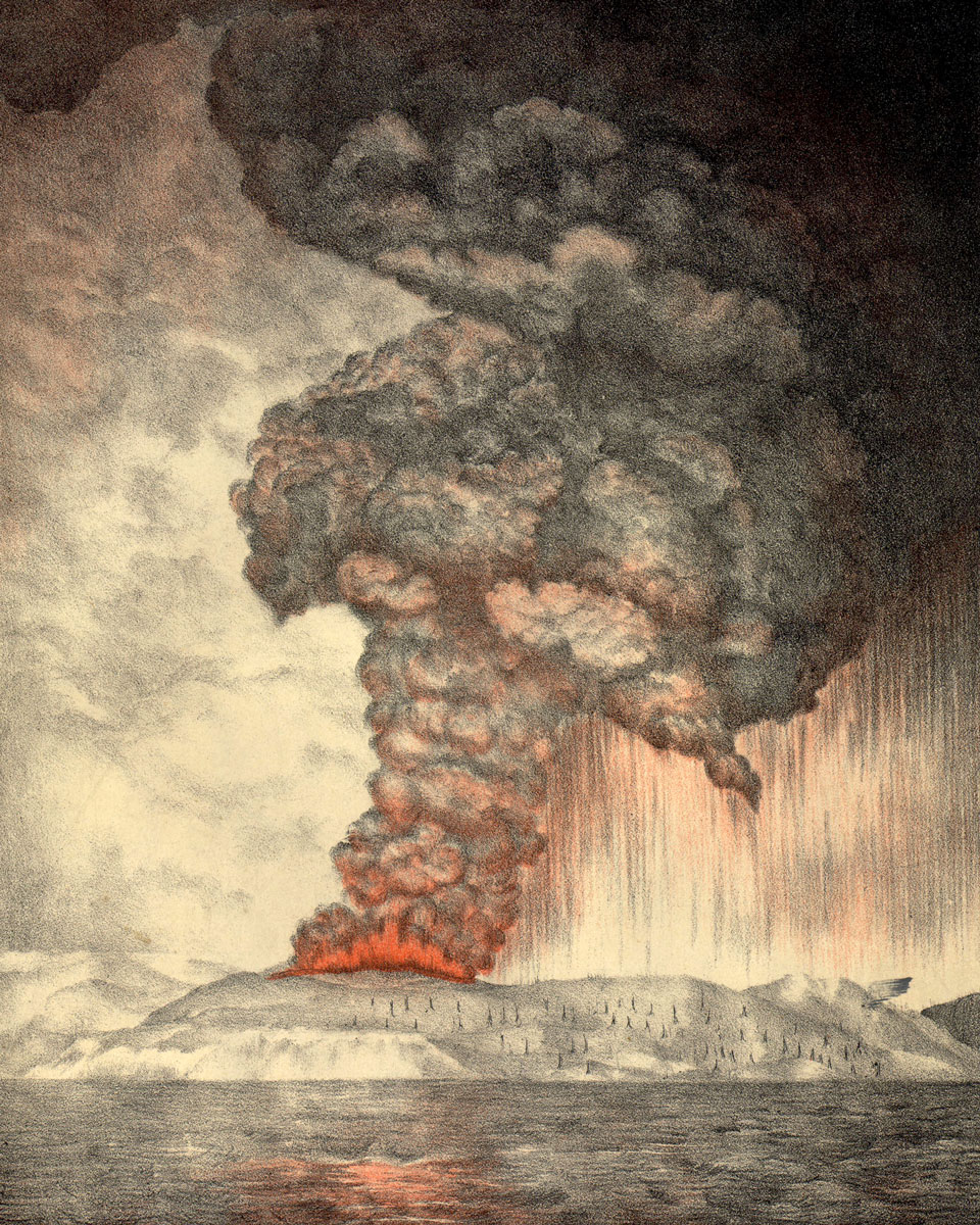 An 1888 lithograph from the Royal Society Report on Krakatoa Eruption. The lithograph depicts the eruption of Krakatoa in the Suna Straight. 