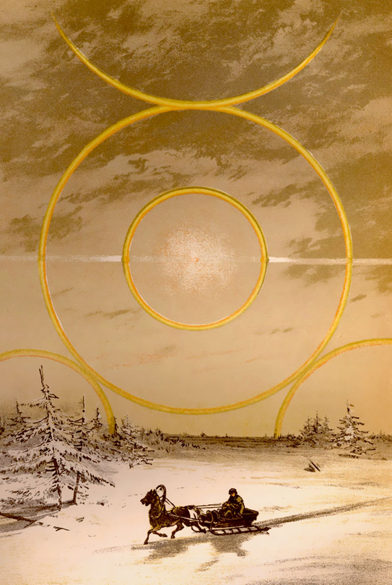 An image from Camille Flammarion’s 1872 book “The Atmosphere.” The image shows the refraction and reflection of light by tiny atmospheric ice crystals which form around dust particles to produce solar halos.