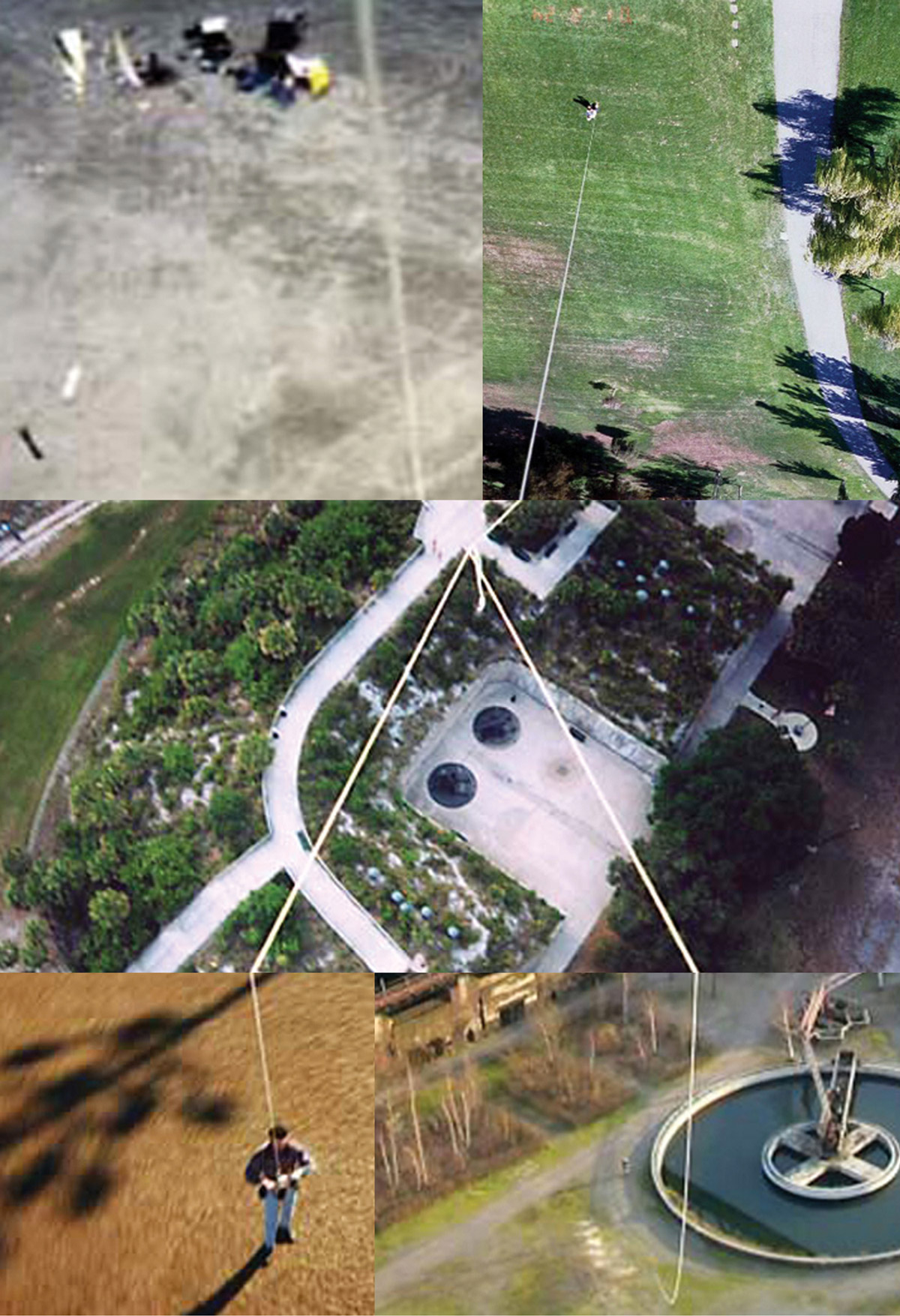A collage of five overhead images of parks and outdoor spaces. 