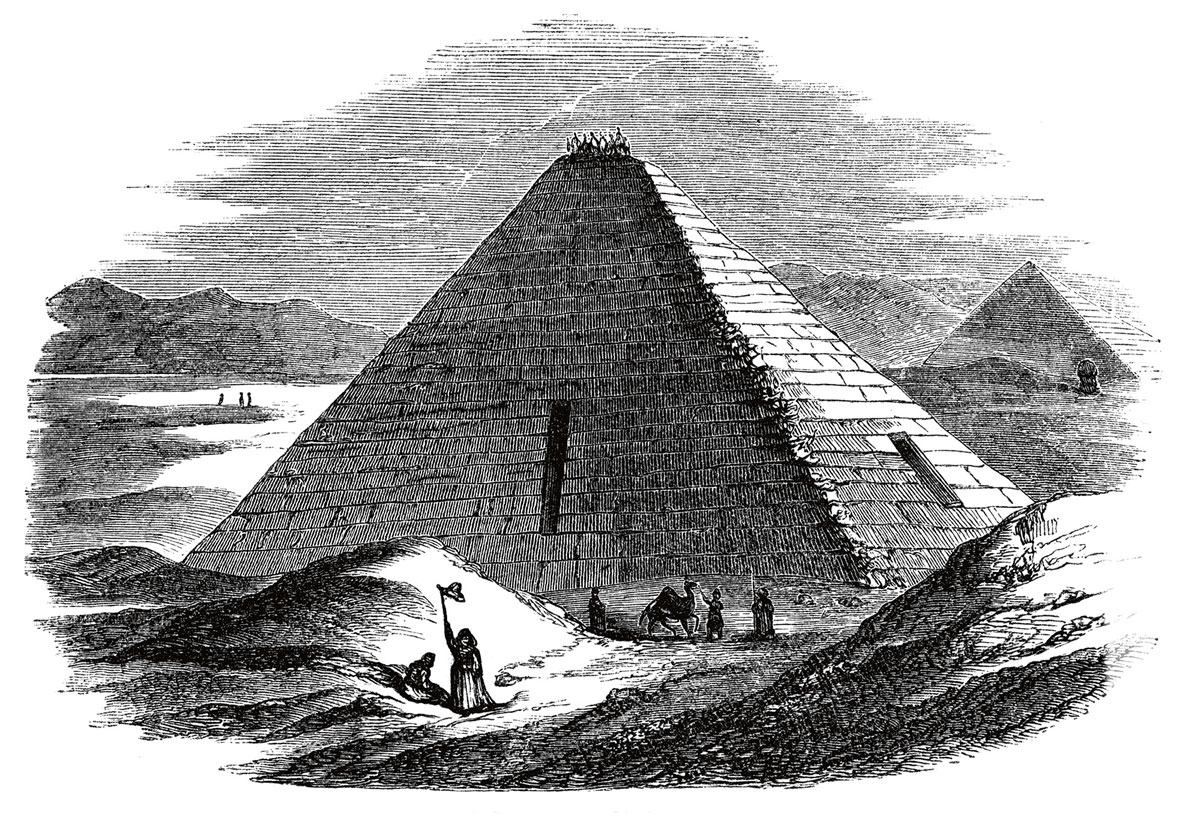 A drawing of a group of people dining atop an Egyptian pyramid using Soyer’s Magic Stove.