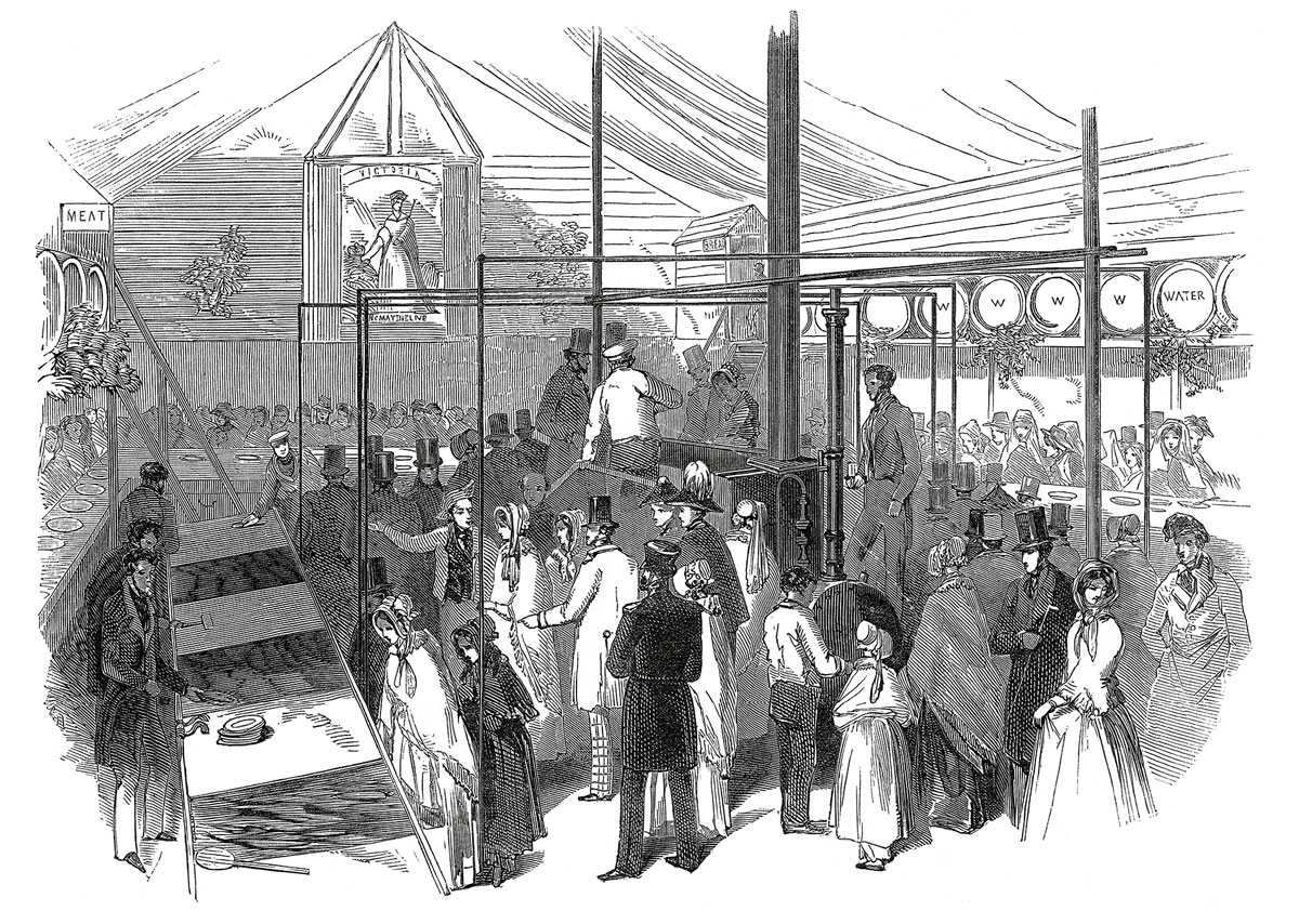 A drawing of the opening of Soyer’s soup kitchen in Dublin in eighteen forty-seven.