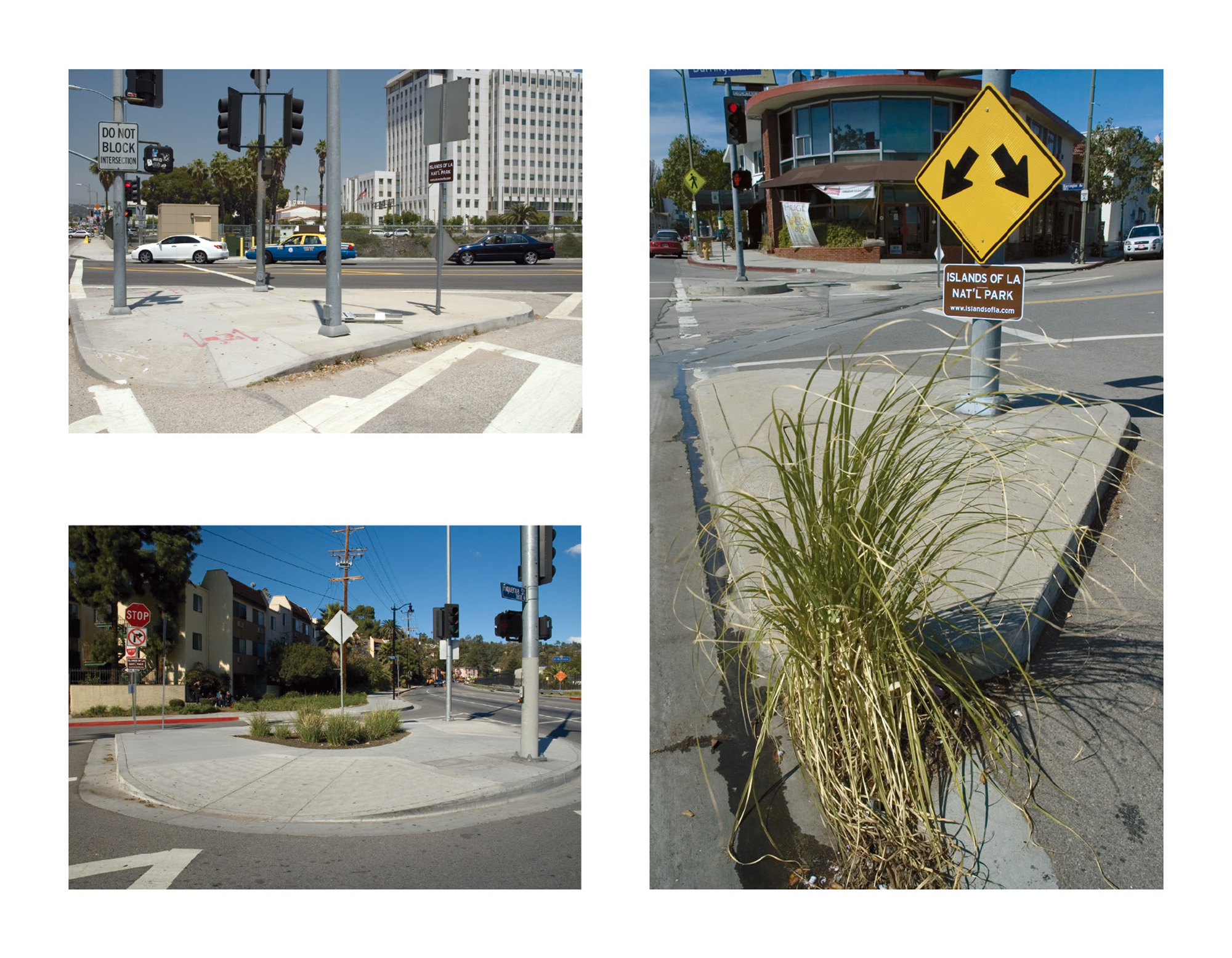 Three photographs of traffic islands in Los Angeles. The images, made between two thousand and seven and two thousand and nine, are part Ari Kletzky’s ongoing project “Islands of LA.” 