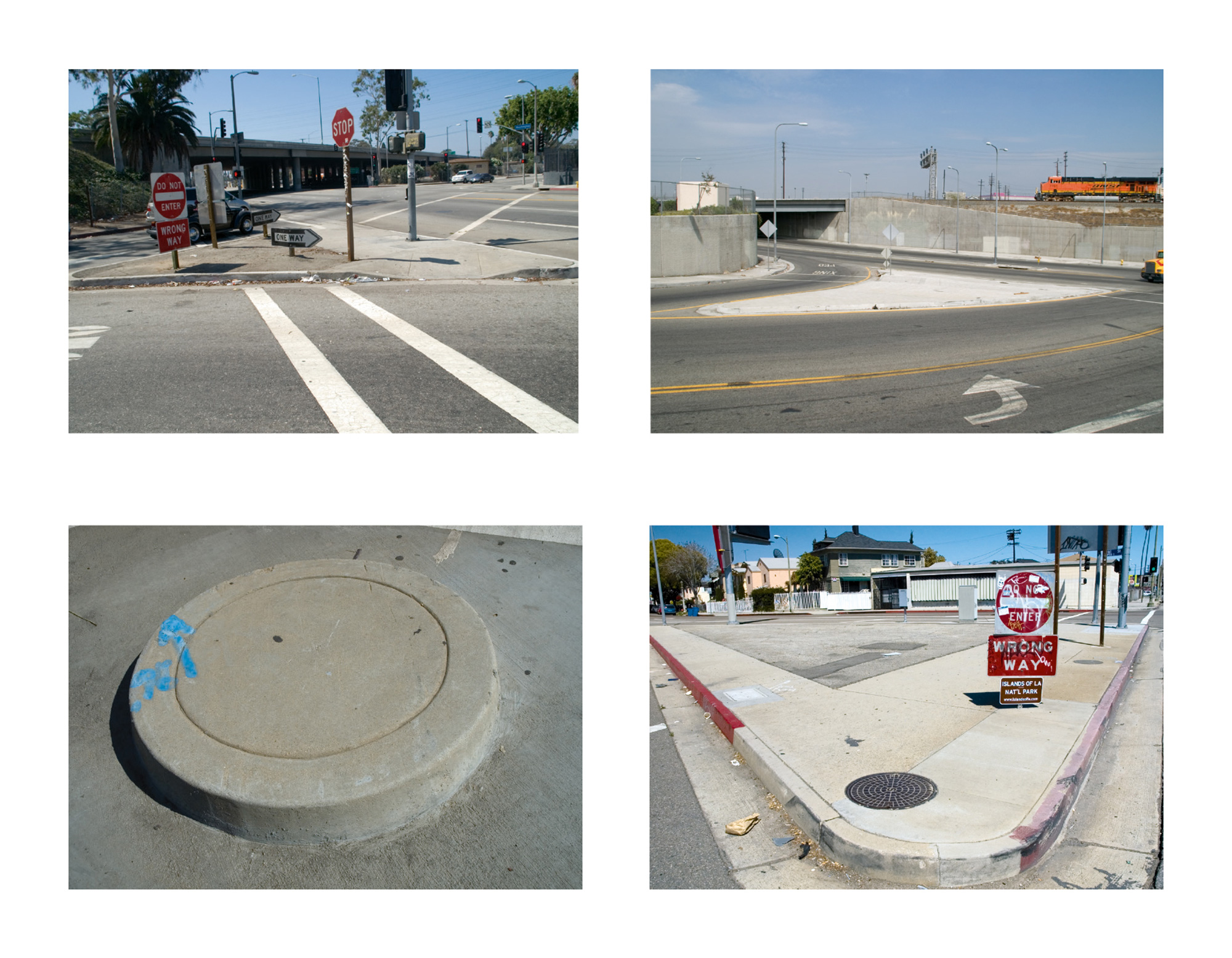 Four photographs of traffic islands in Los Angeles. The images, made between two thousand and seven and two thousand and nine, are part Ari Kletzky’s ongoing project “Islands of LA.” 