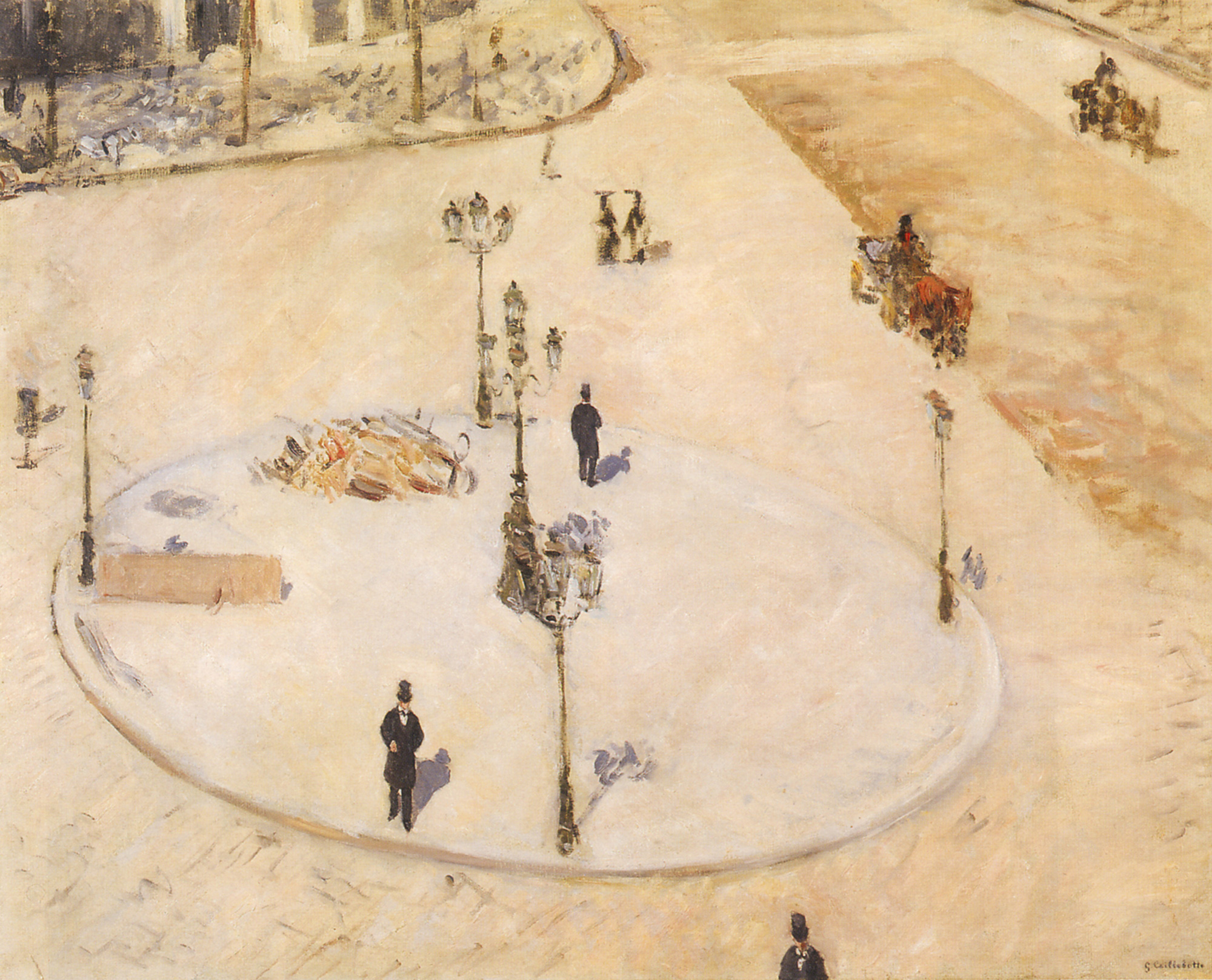 An eighteen eighty painting by Gustave Caillebotte titled “A Traffic Island, Boulevard Haussmann.”