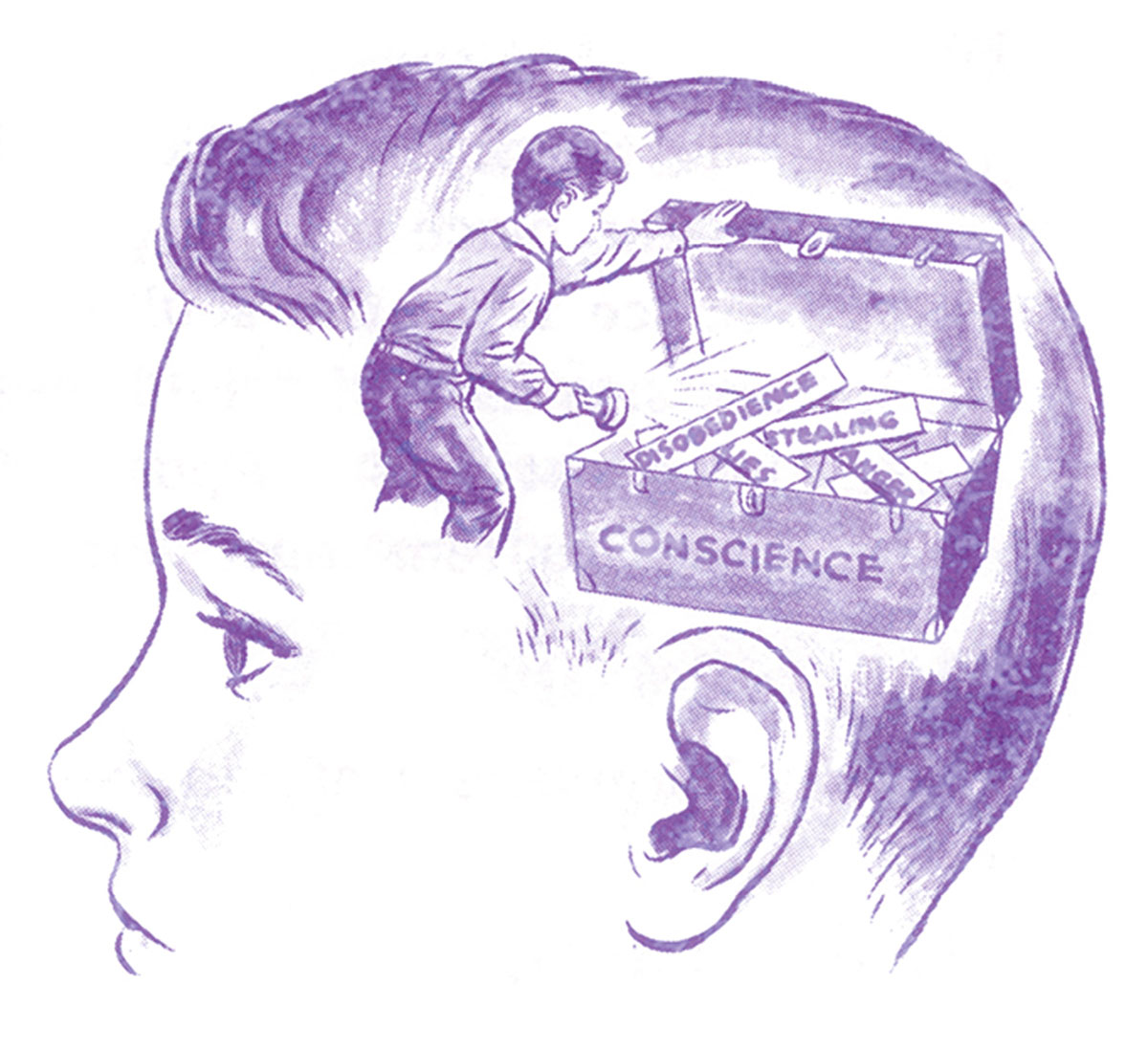 A drawing made using a ditto machine depicting a boy’s head with a box inside labelled “conscience.” 