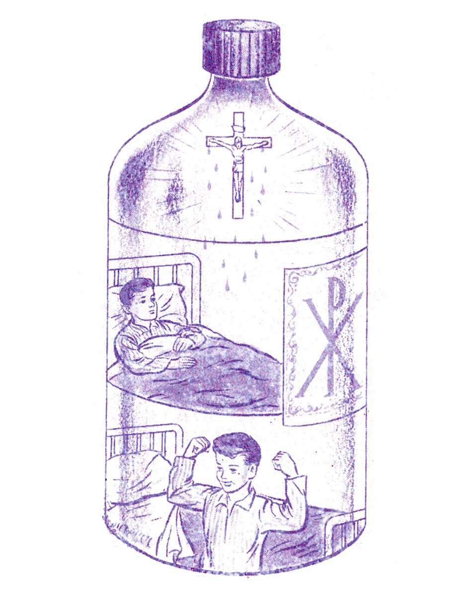 A drawing made using a ditto machine depicting a medicine bottle that advertises Christ the best medicine.