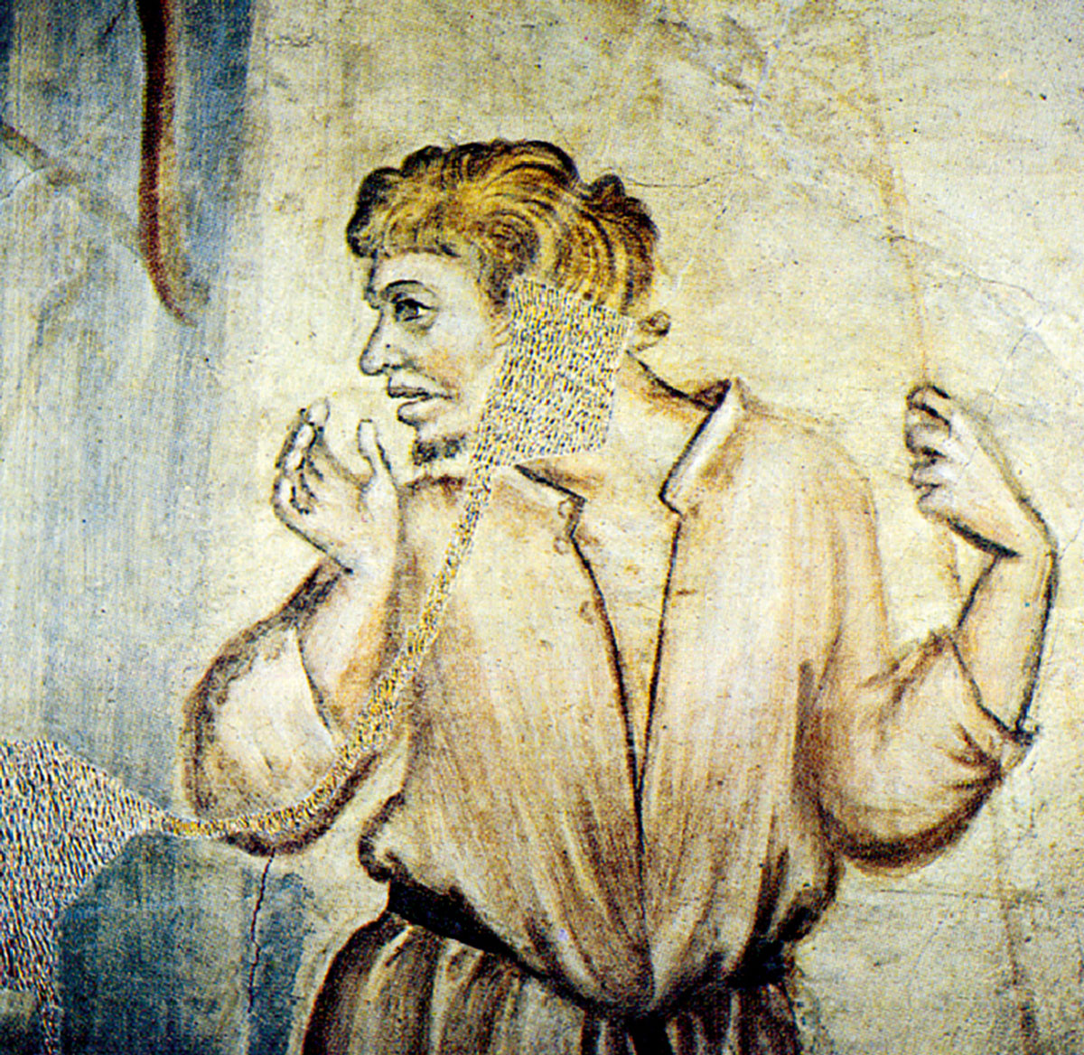A detail of an early fourteenth-century fresco in the Velluti Chapel of the Basilica of Santa Croce, Florence, where chromatic abstraction was used to fill a lacuna.
