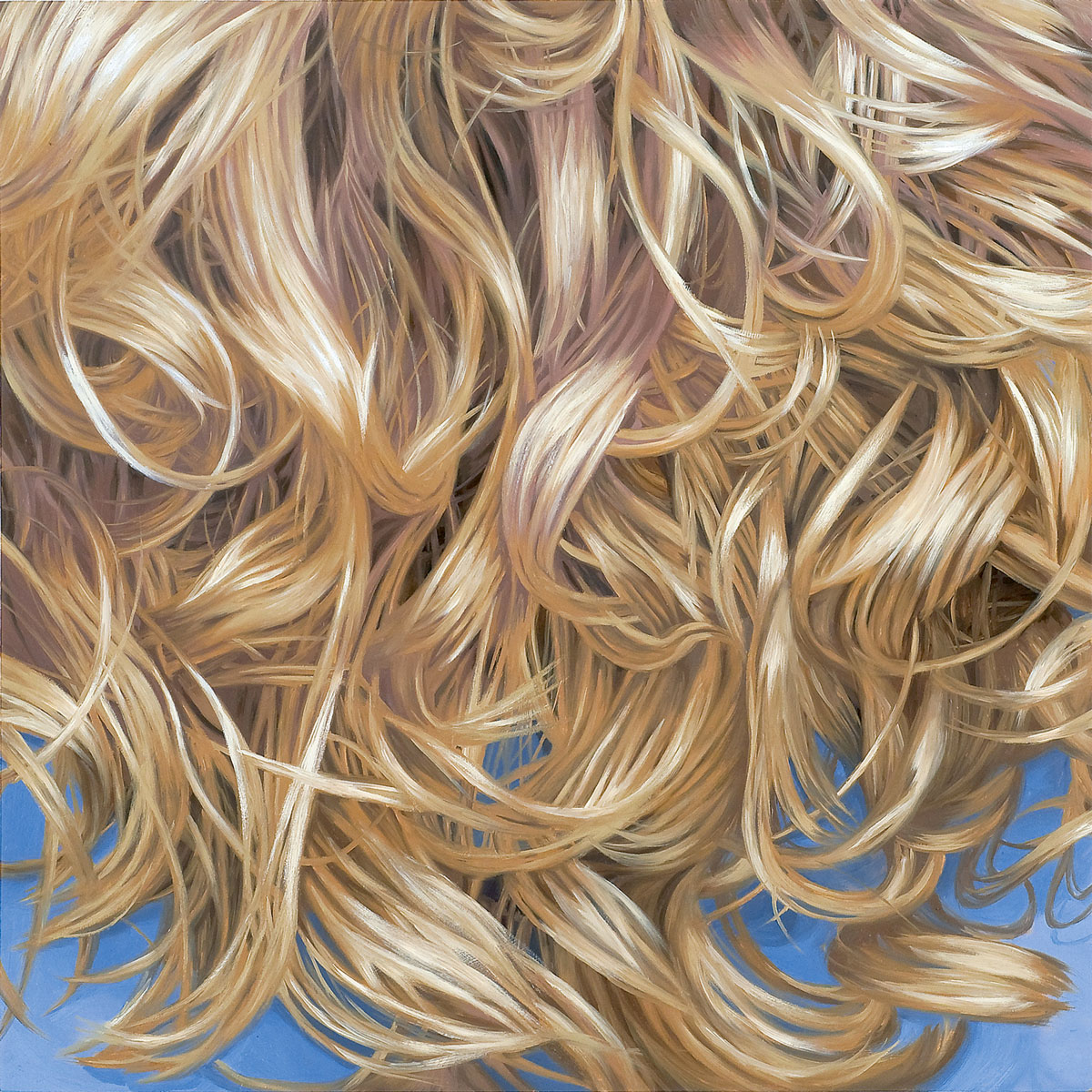 Artist Julia Jacquette’s two thousand and eight painting of hair titled “Blond, Curls 2.”