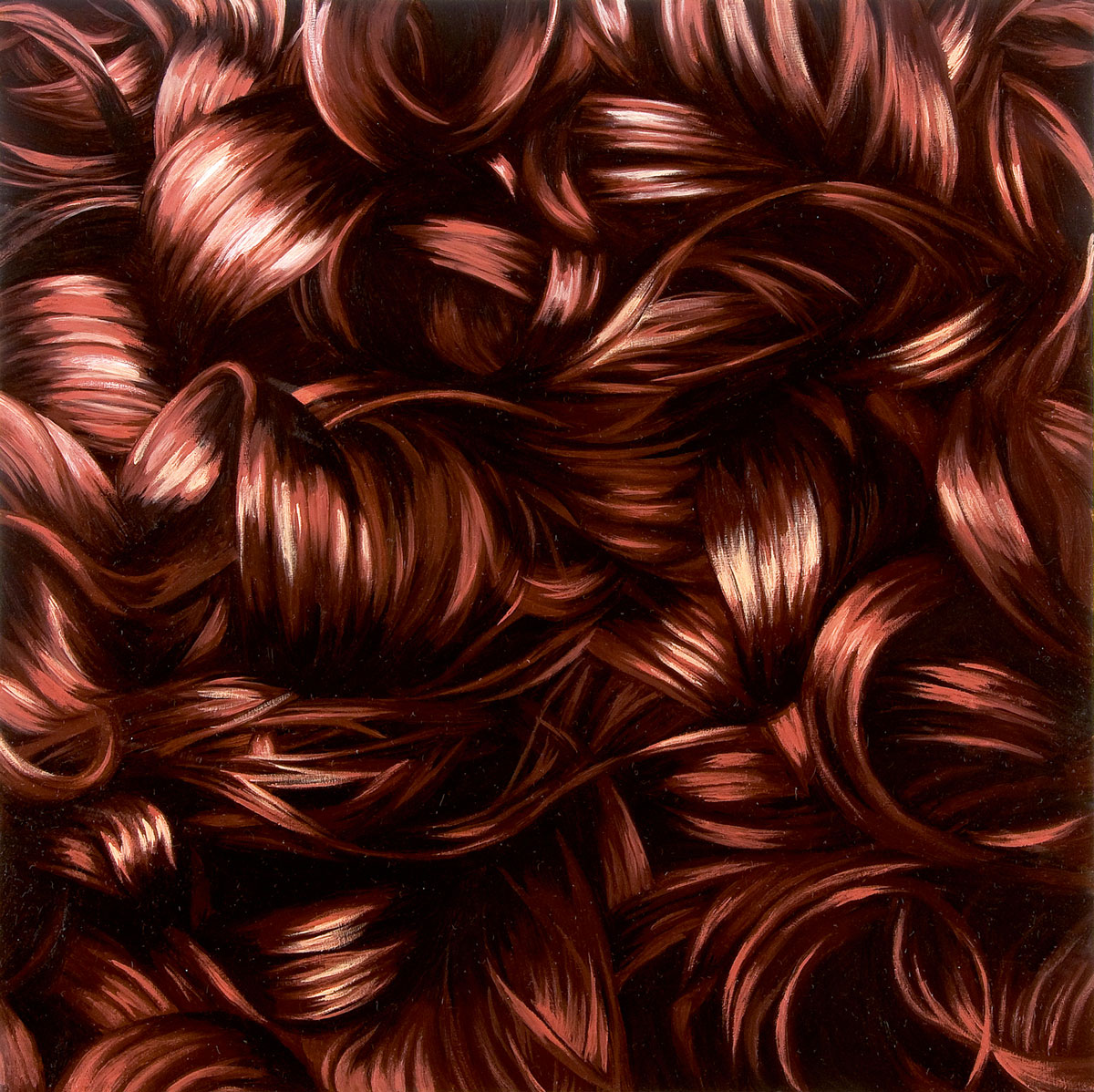 Artist Julia Jacquette’s two thousand and nine painting of hair titled “Brunette, Curls 2.”