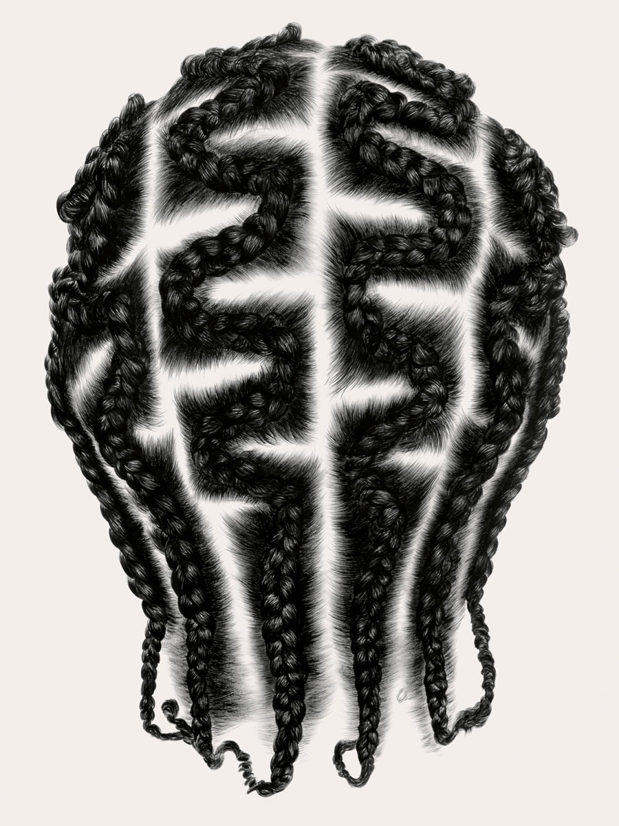 Artist So Yoon Lym’s acrylic-on-paper image of cornrows, circa two thousand nine to two thousand ten, titled “Jose.”