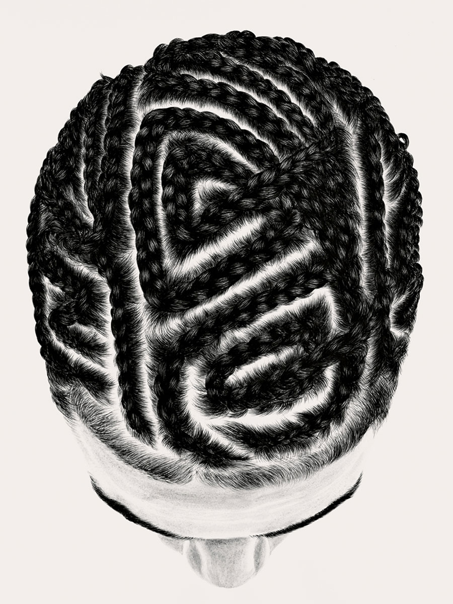 Artist So Yoon Lym’s acrylic-on-paper image of cornrows, circa two thousand nine to two thousand ten, titled “Anthony.”