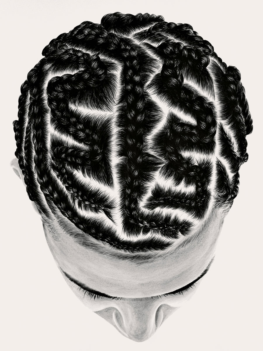 Artist So Yoon Lym’s acrylic-on-paper image of cornrows, circa two thousand nine to two thousand ten, titled “Jhonathan.”