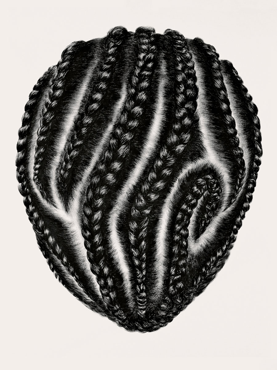 Artist So Yoon Lym’s acrylic-on-paper image of cornrows, circa two thousand nine to two thousand ten, titled “James.”