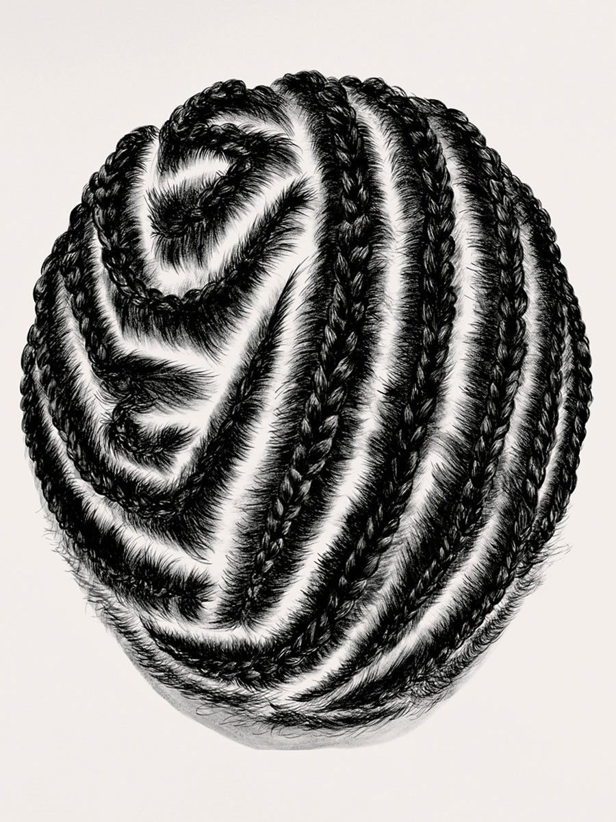 Artist So Yoon Lym’s acrylic-on-paper image of cornrows, circa two thousand nine to two thousand ten, titled “Antonio.”
