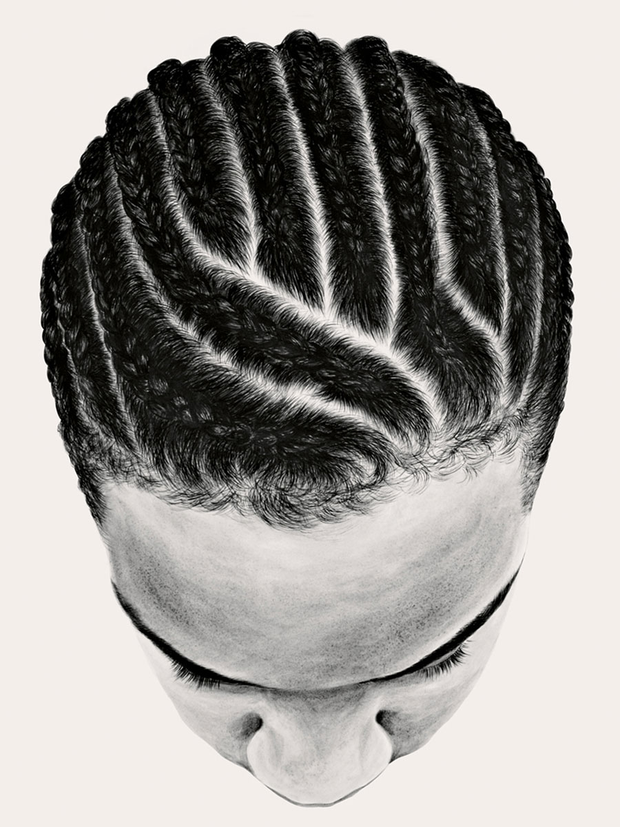 Artist So Yoon Lym’s acrylic-on-paper image of cornrows, circa two thousand nine to two thousand ten, titled “Hector.”