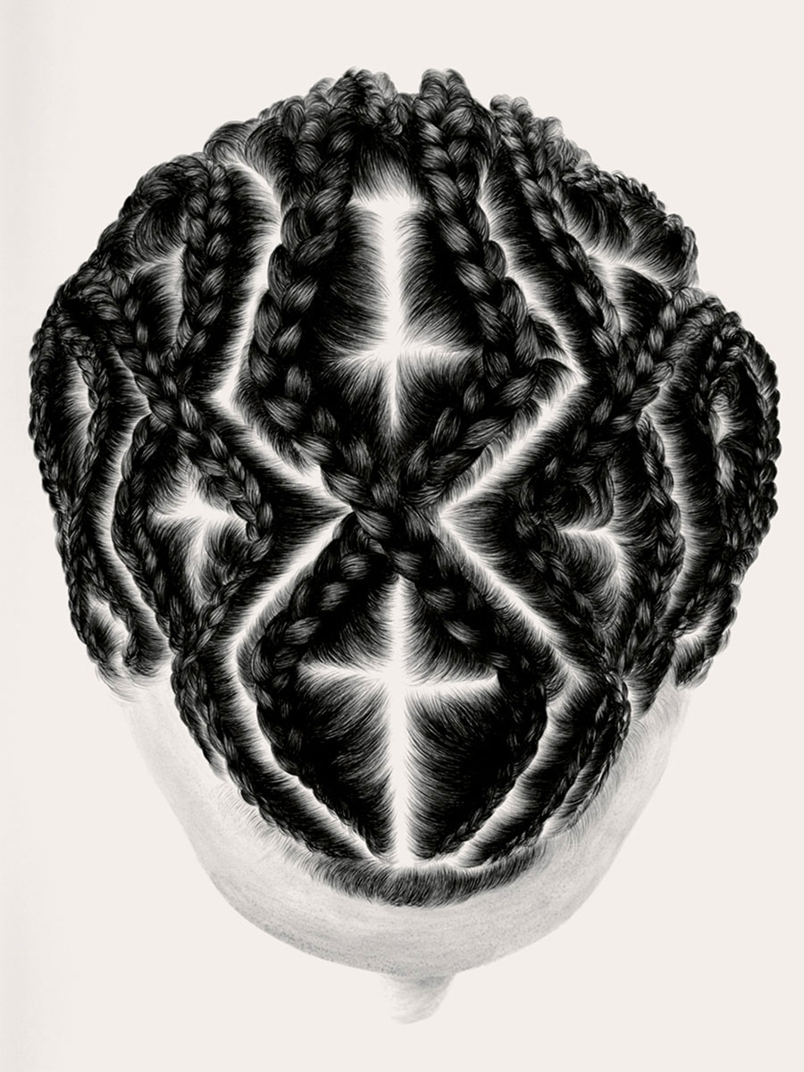 Artist So Yoon Lym’s acrylic-on-paper image of cornrows, circa two thousand nine to two thousand ten, titled “Diosnedy.”