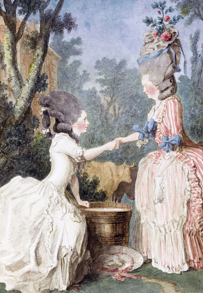 Louis de Carmontelle’s gouache titled The Farm Girls, circa seventeen eighty-two, which depicts two high-society Parisian women drinking milk and getting back to nature.