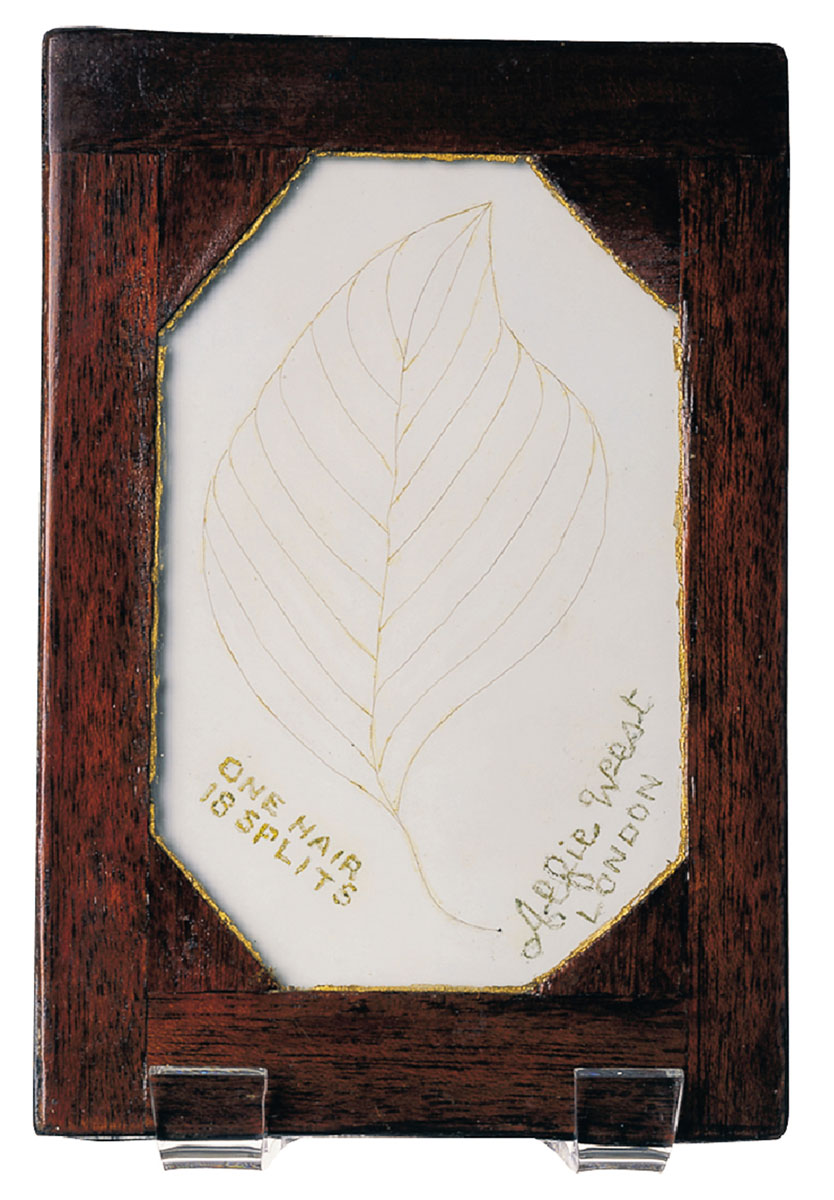 A nineteen seventy artwork by Alfie West titled “The Leaf of the Lime Tree. World Record.” Verso text reads: “World Record No. 6 One human hair split into 18 parts televised by Japan nineteen eighty Guinness Book of Records since nineteen seventy-six.”