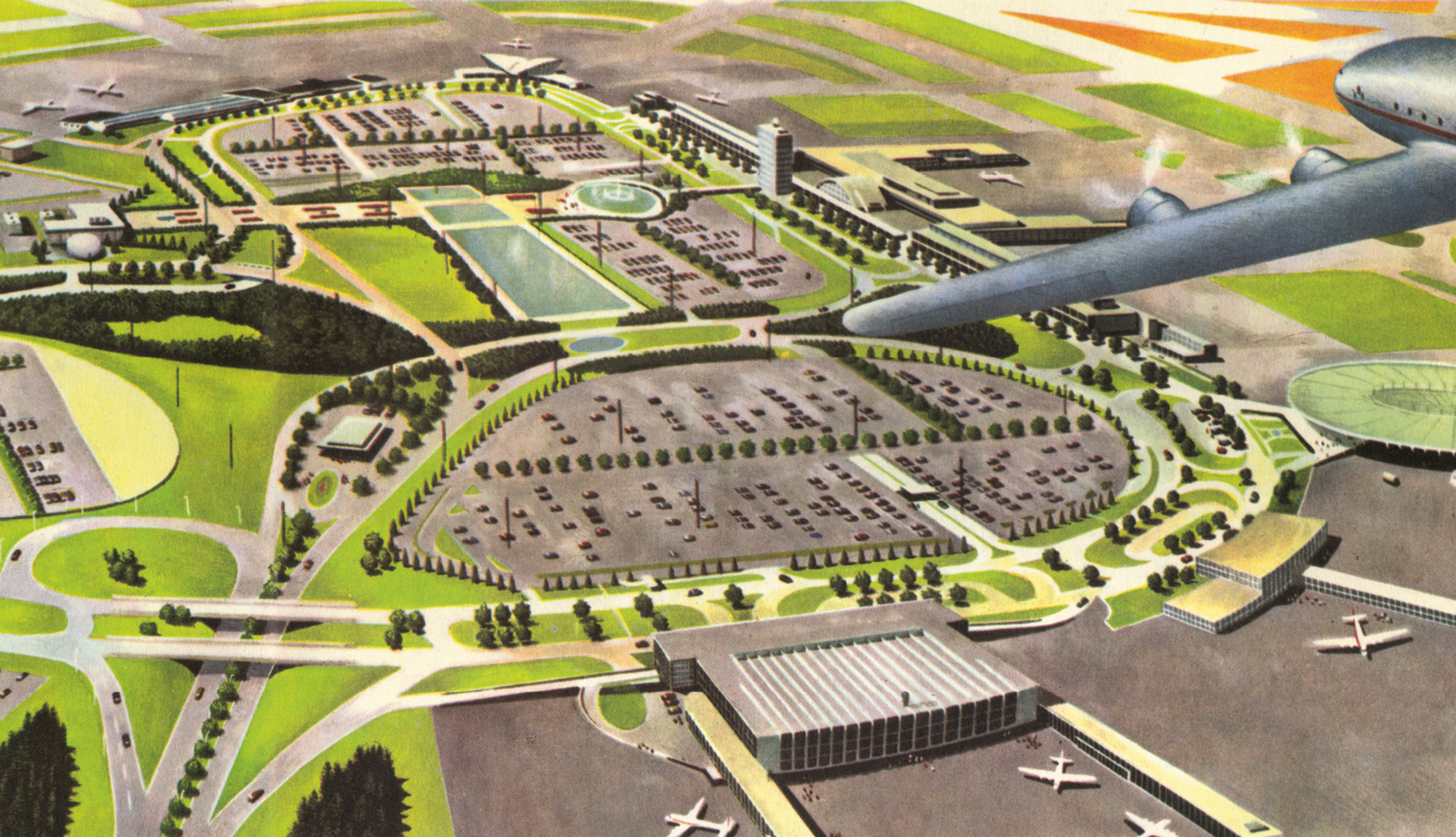 Nineteen sixty artist rendition of Idlewild International Airport (now John F. Kennedy International Airport). The original caption touts “a new type of imbedded light that enables planes to land in almost any kind of weather.”