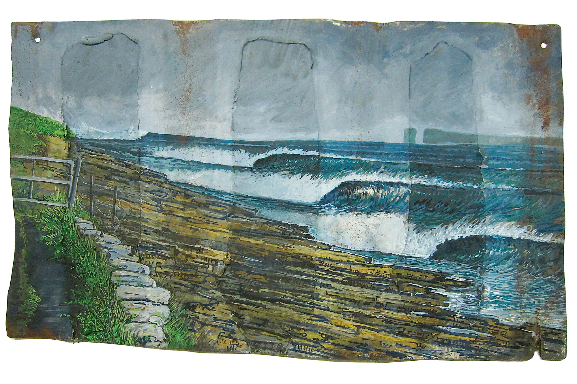 An artwork depicting a coast with large waves.