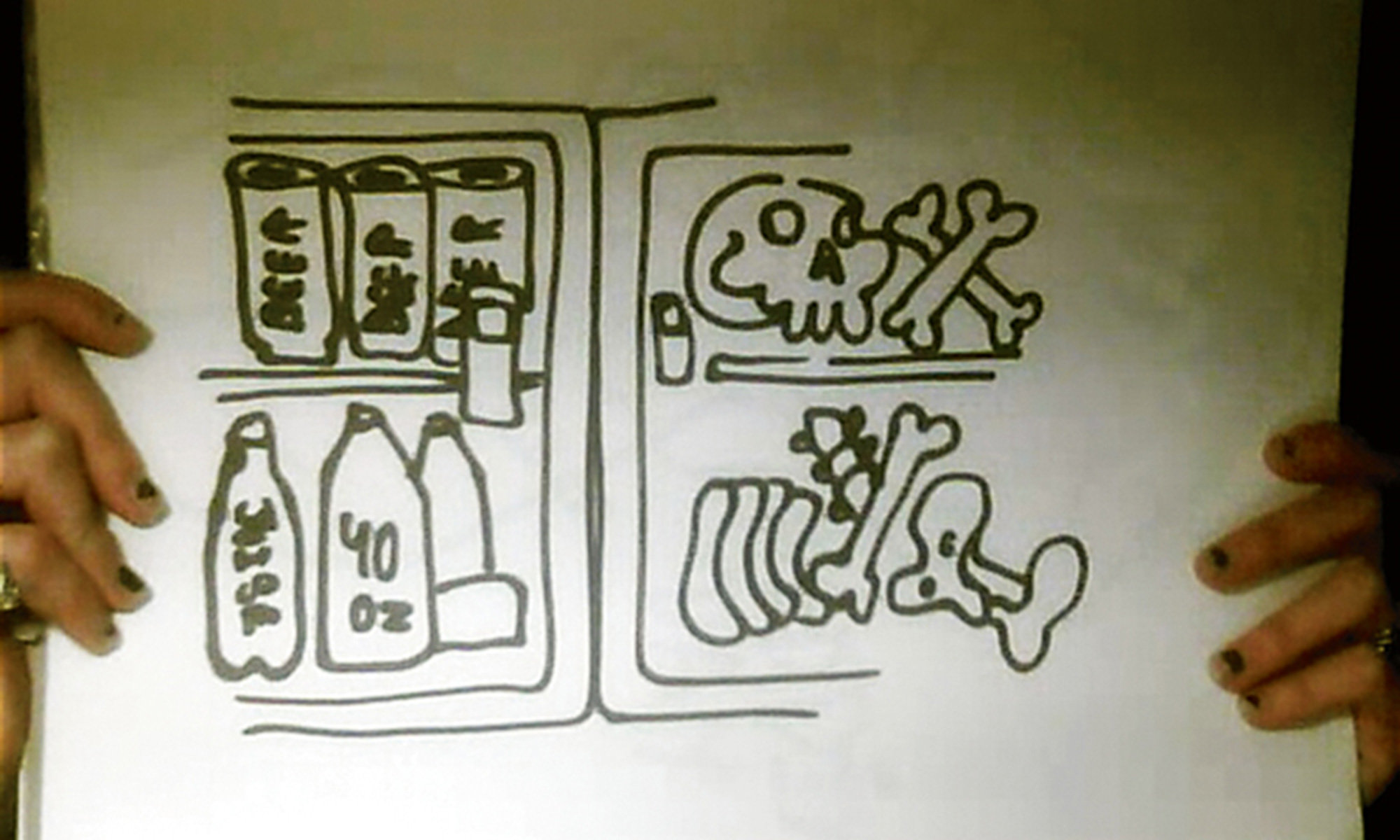 Kat Dee’s drawing of a fridge filled with beer and bones.