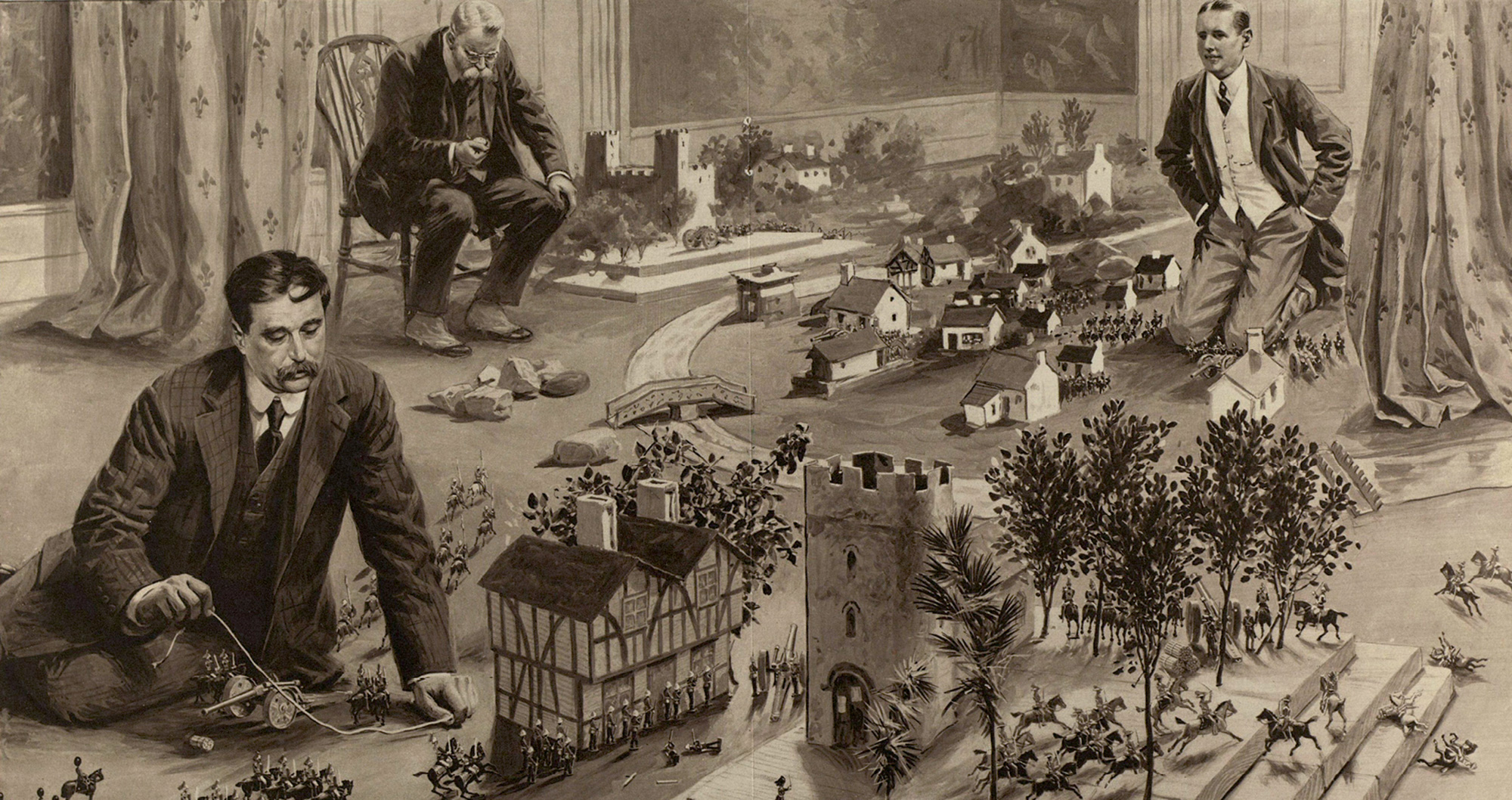 An illustration of H. G. Wells from the 25 January nineteen thirteen issue of the “Illustrated London News.” A caption at the bottom of the image reads: “War on the floor, with leaden soldiers, cardboard and shrub country, and guns firing wooden ‘shells’: Mr. H. G. Wells playing little wars.”