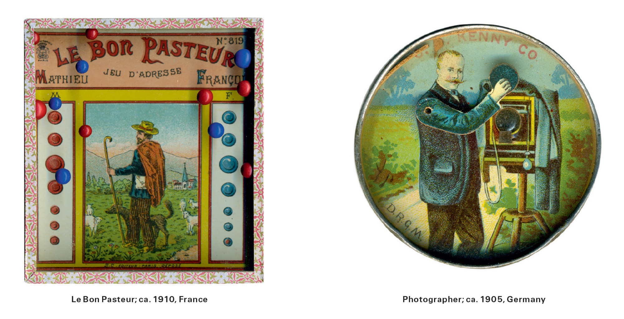 Two dexterity games: “Le Bon Pasteur” from circa nineteen ten and “Photographer” from nineteen oh-five.