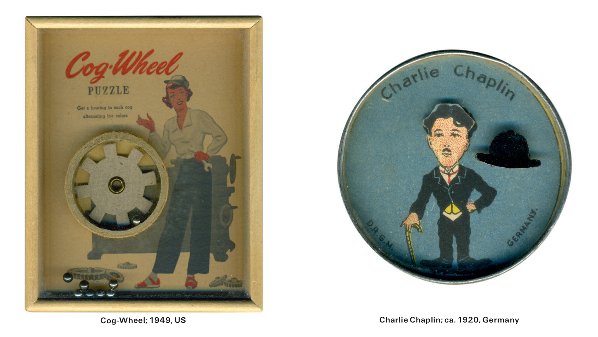 Two dexterity games: “Cog Wheel” from circa nineteen forty-nine and “Charlie Chaplin” from circa nineteen twenty.