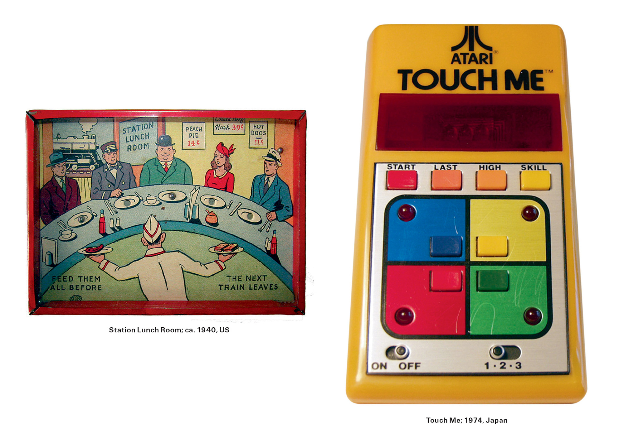 Two dexterity games: “Station Lunch Room” from circa nineteen forty and “Touch Me” from circa nineteen seventy-four.