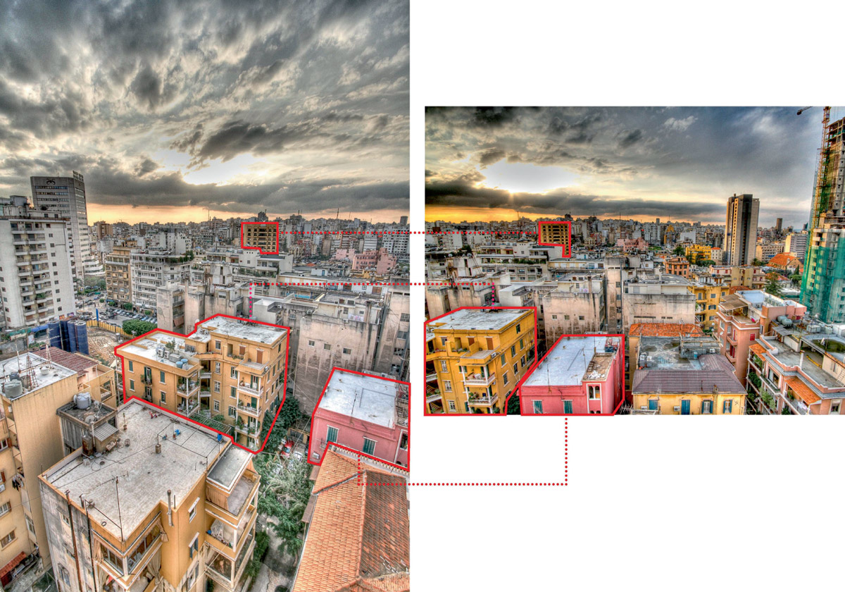 Two photographs of the Beirut skyline that have buildings in common.