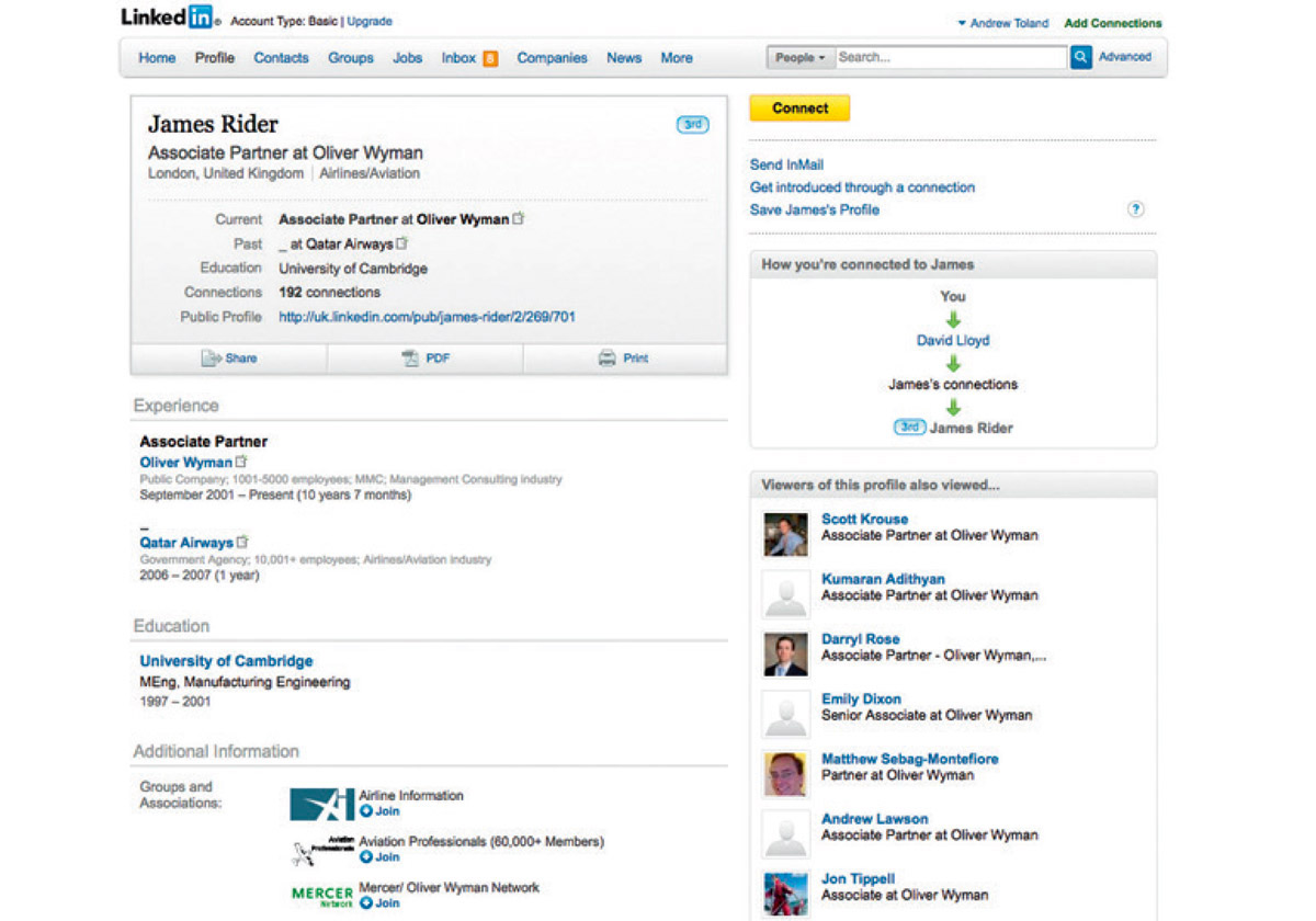 A screenshot of James Rider’s Linkedin profile. 