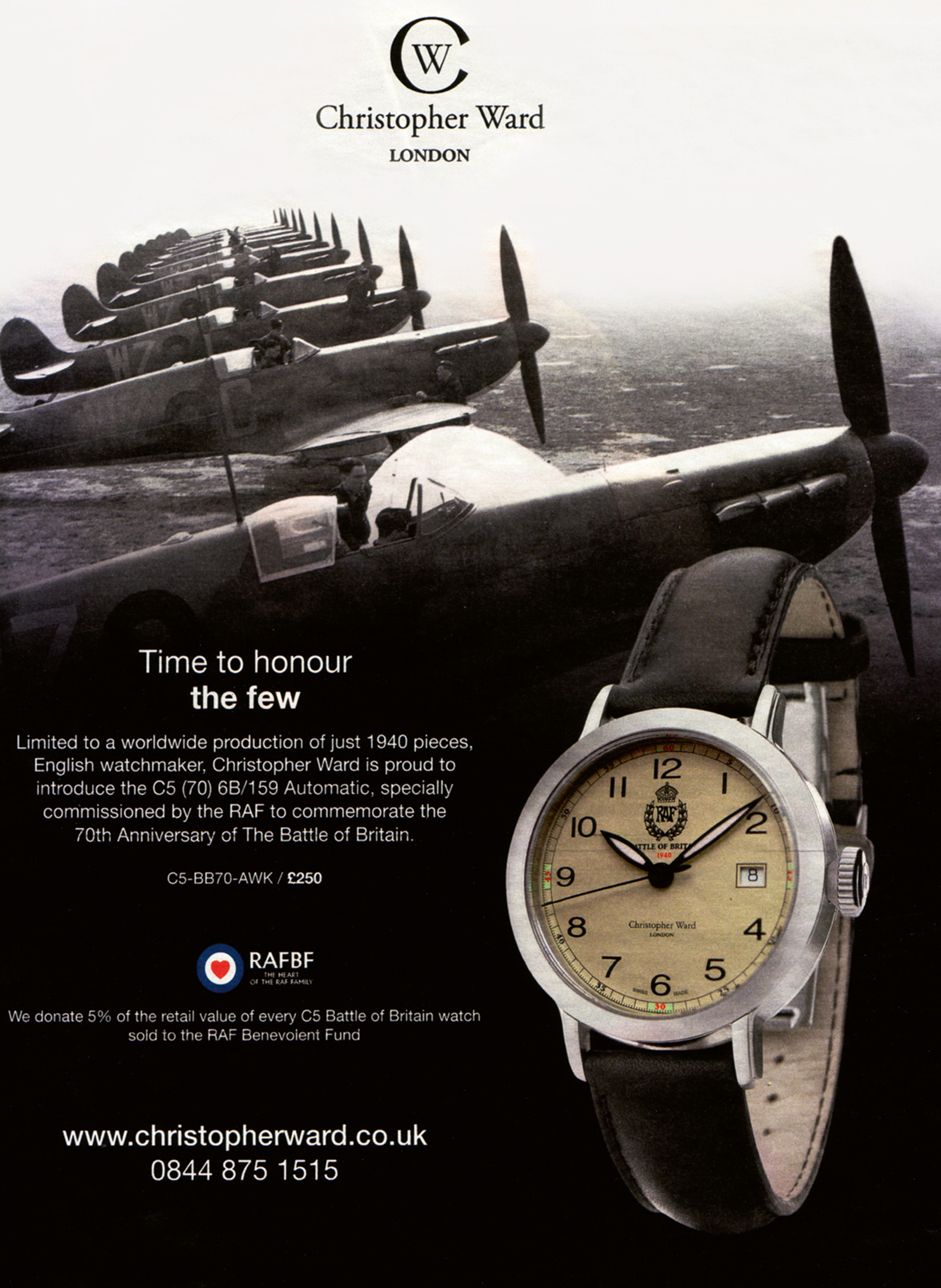 An advertisement for Christopher Ward watches depicting the watch in front of military planes.