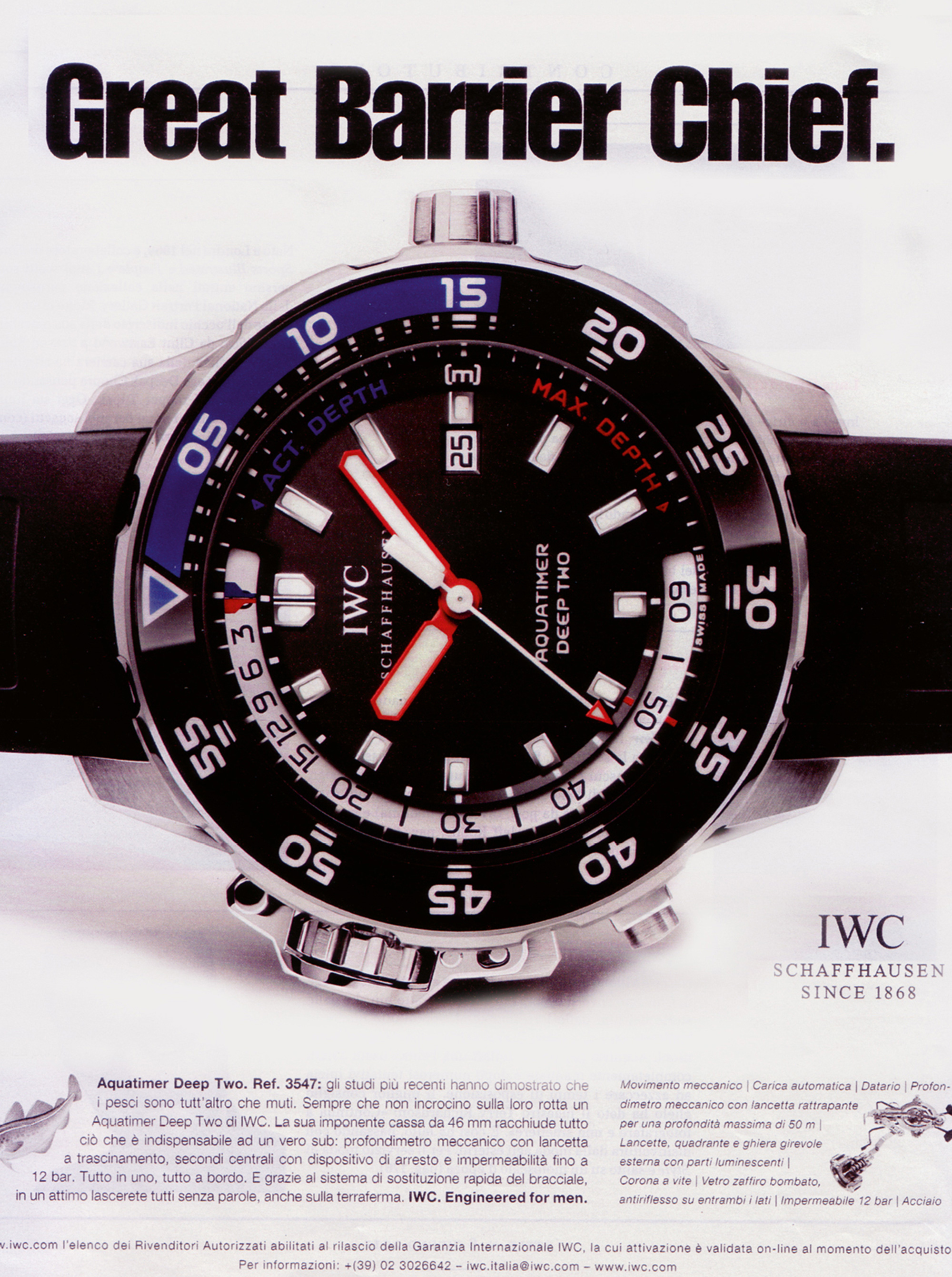 An advertisement for an IWC dive watch with the title “Great Barrier Chief.”