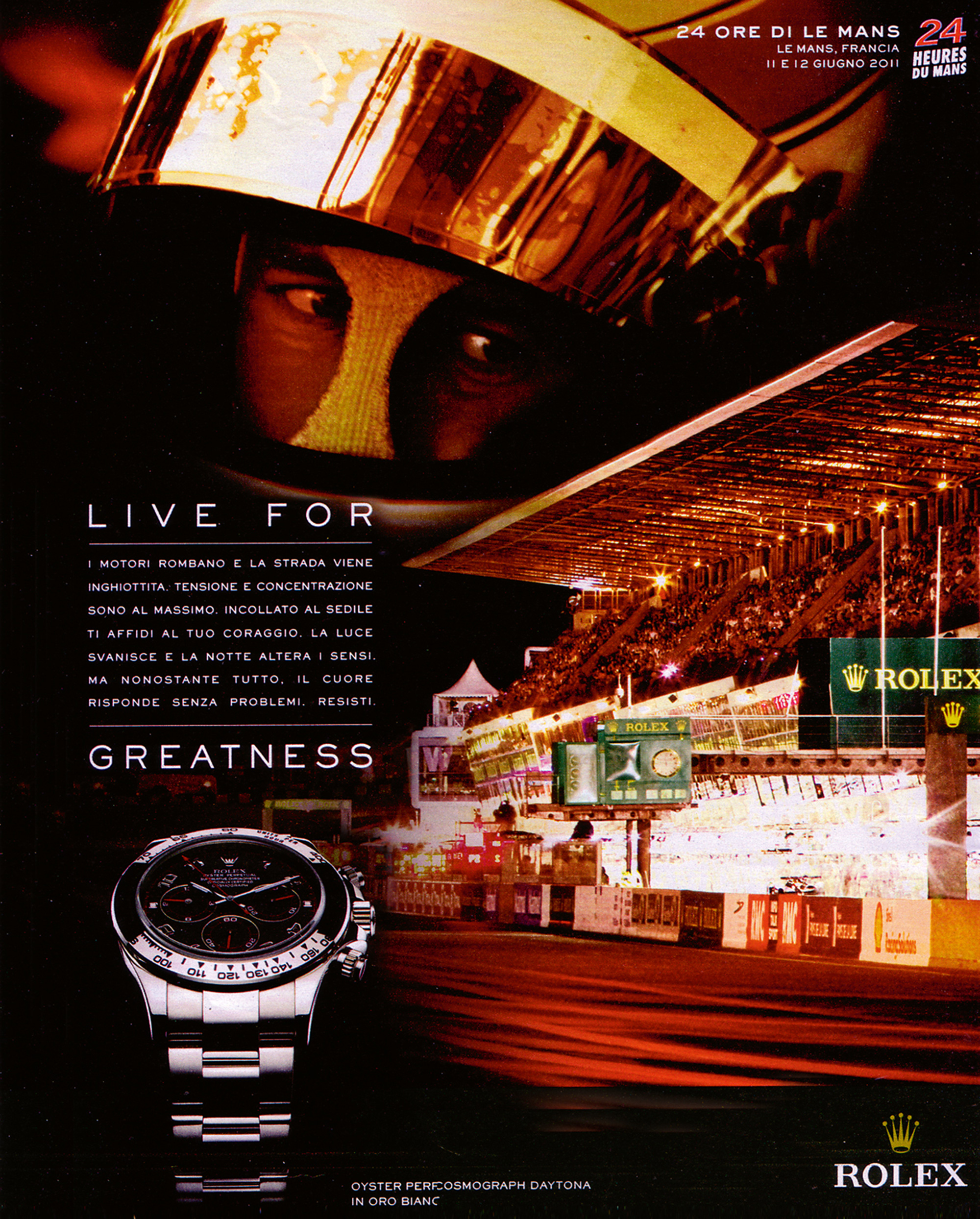 An Italian Rolex advertisement juxtaposing the watch and the 24 Hours of Le Mans race. 