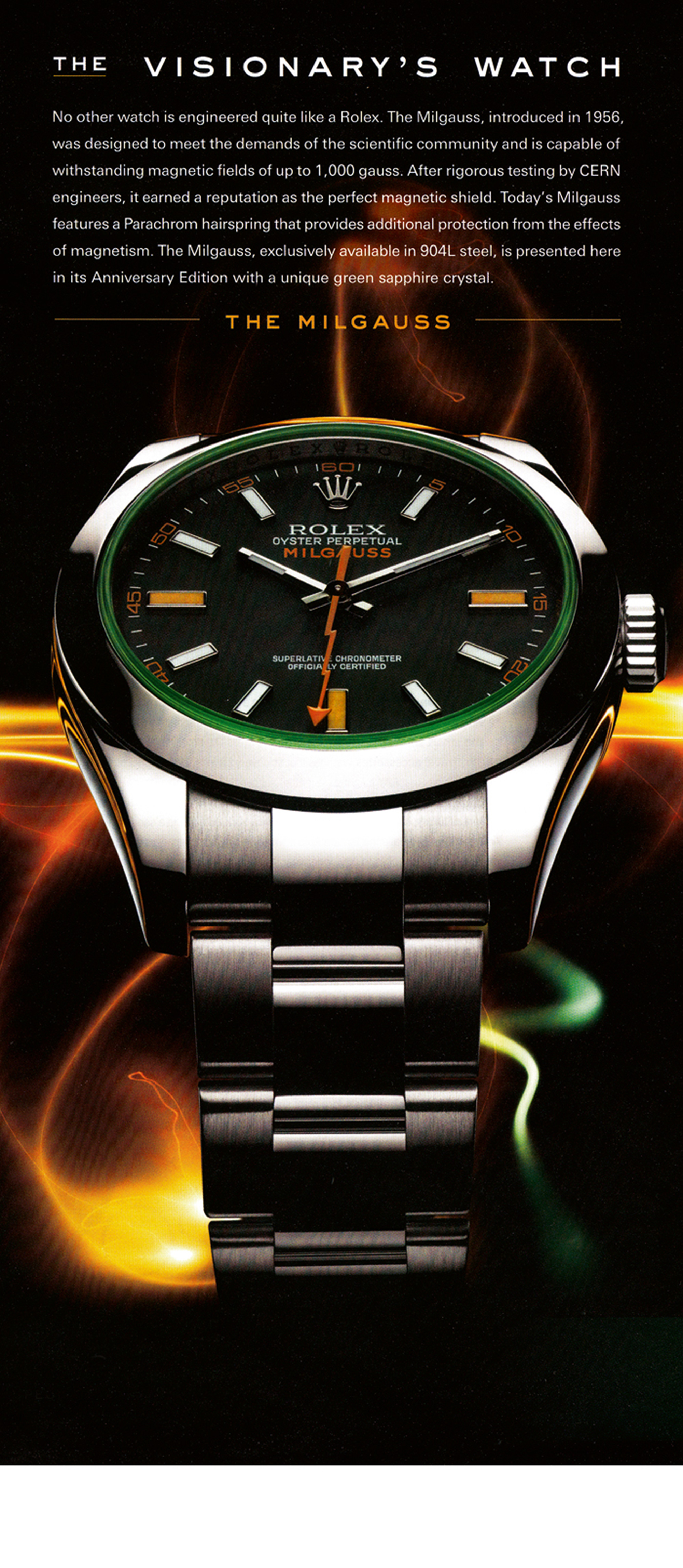 A Rolex advertisement featuring a watch with a lightning-bolt second hand. 