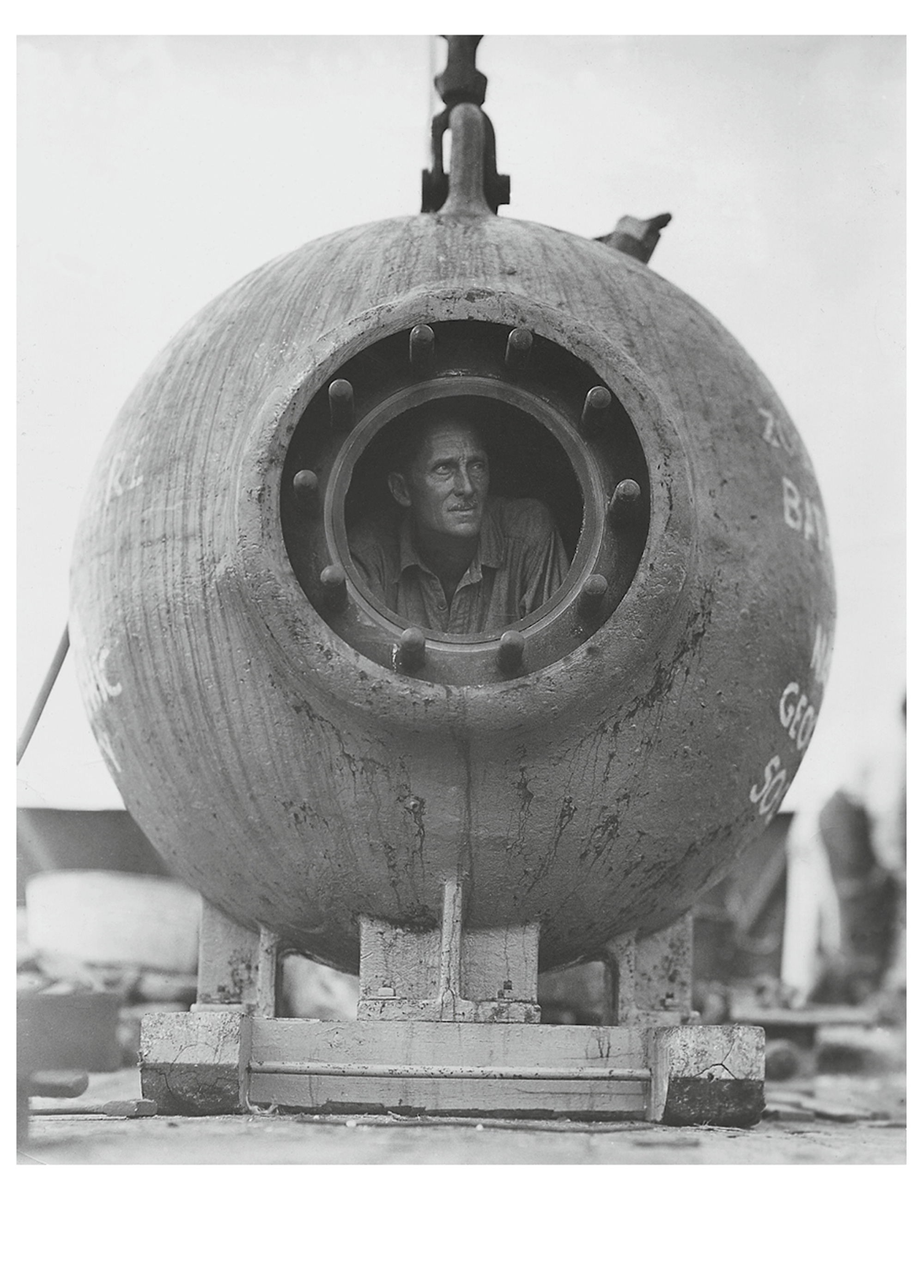 A circa early nineteen thirties photograph of William Beebe in the Bathysphere.