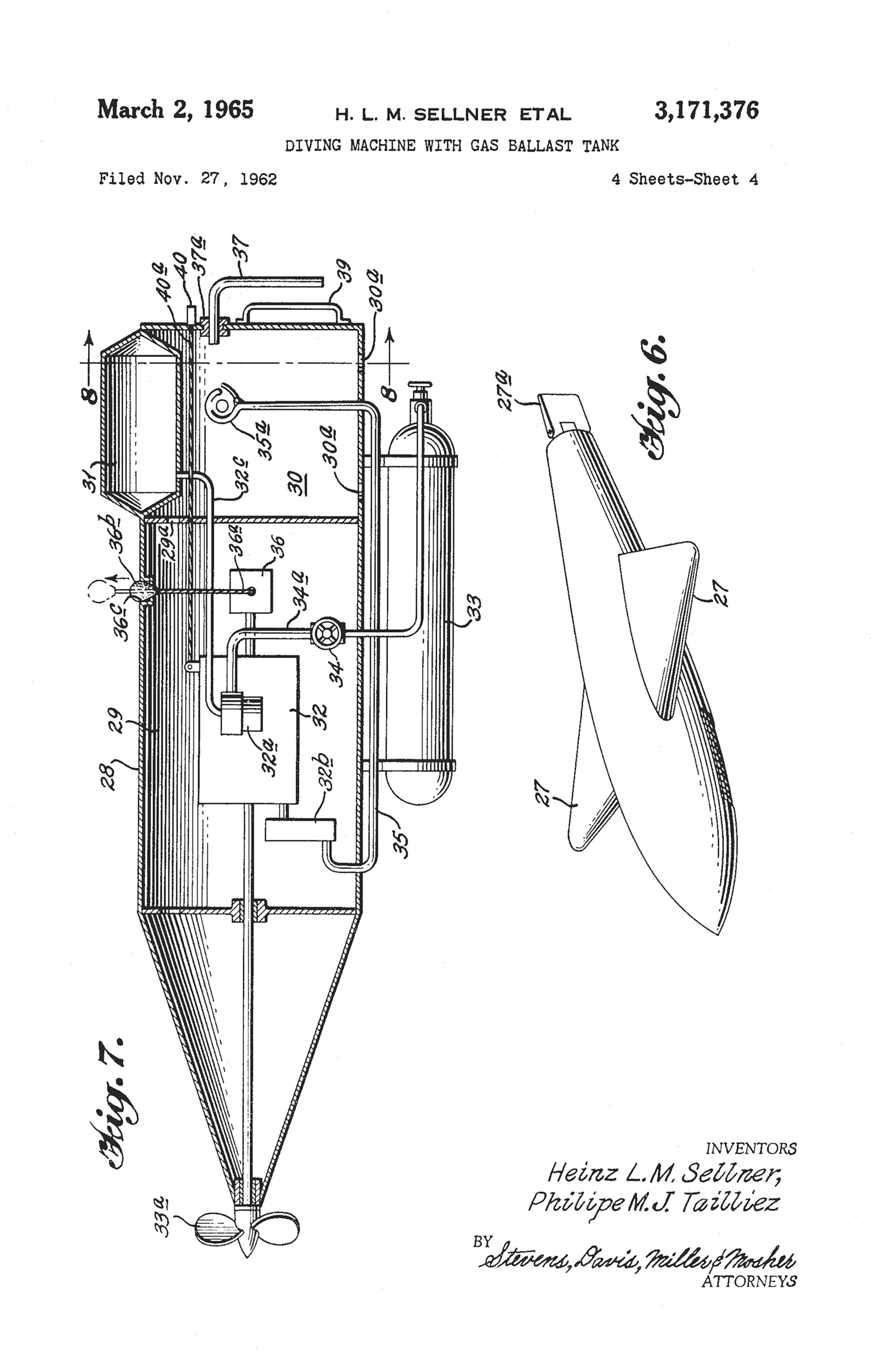 A page from a nineteen sixty-two patent application filed by Sellner and Tailliez. Their patent for a “diving machine with gas ballast tank” was granted in nineteen sixty-five.