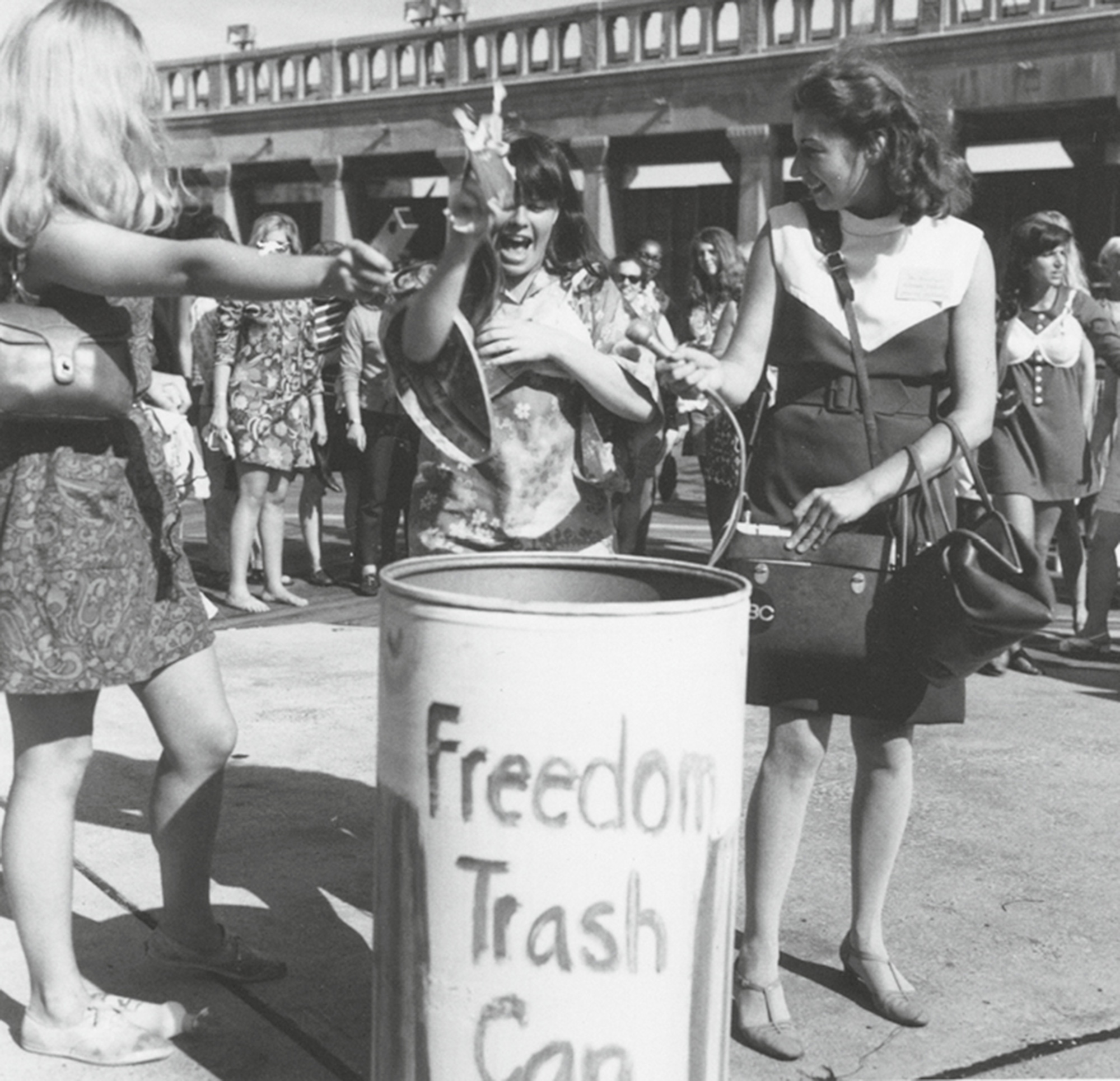 A photograph of “Freedom Trash Can” being used outside the Miss America Pageant.