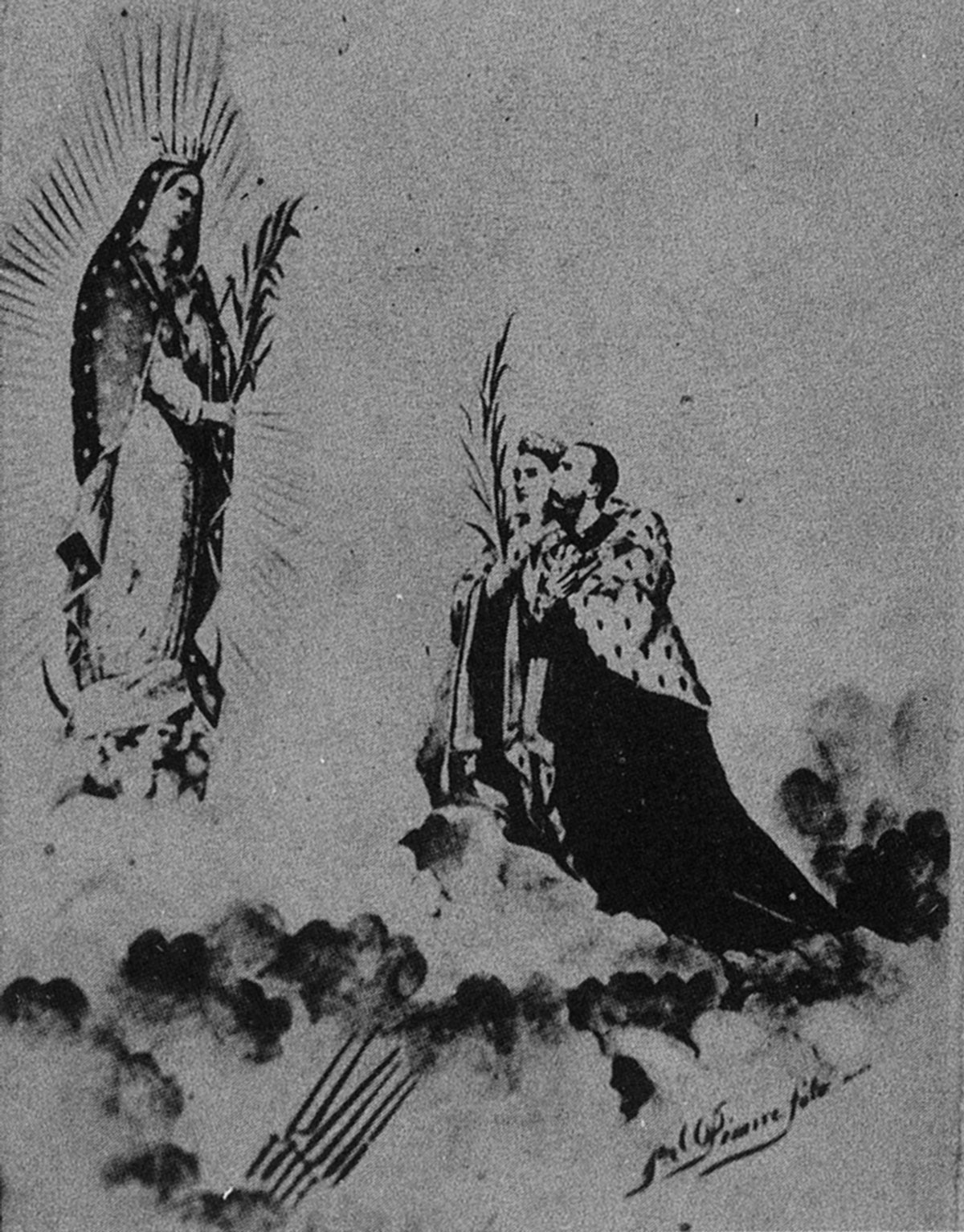 A photograph, circa 1860s, by artist Auguste Péraire entitled “Our Lady of Guadalupe Appearing to the Emperor and Empress in the Clouds above the Cerro de las Campanas.”